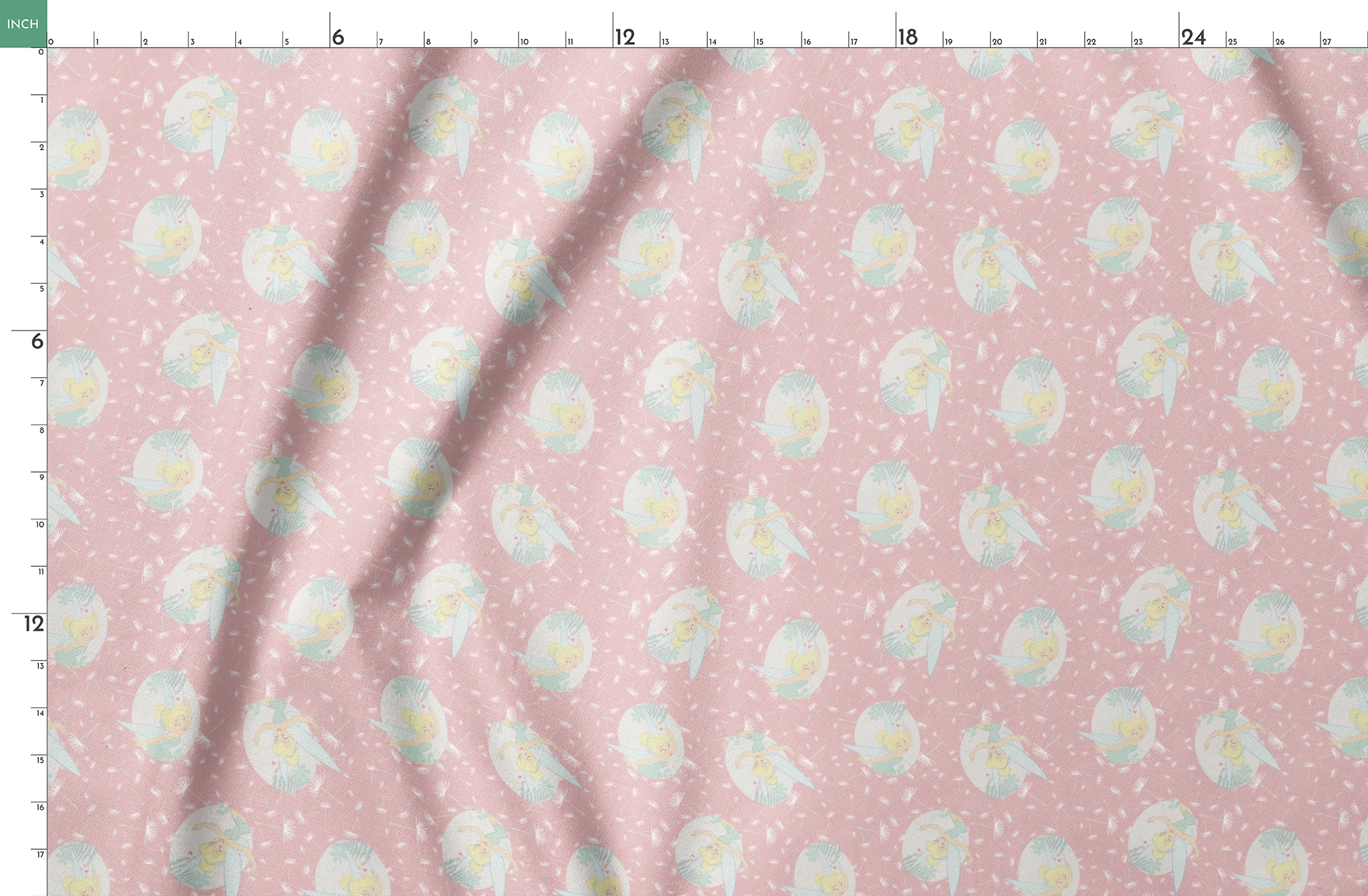 Pink background with dandelion seed pattern featuring Tinker Bell in mint green circles, whimsical Disney design springs fatquarter mockup