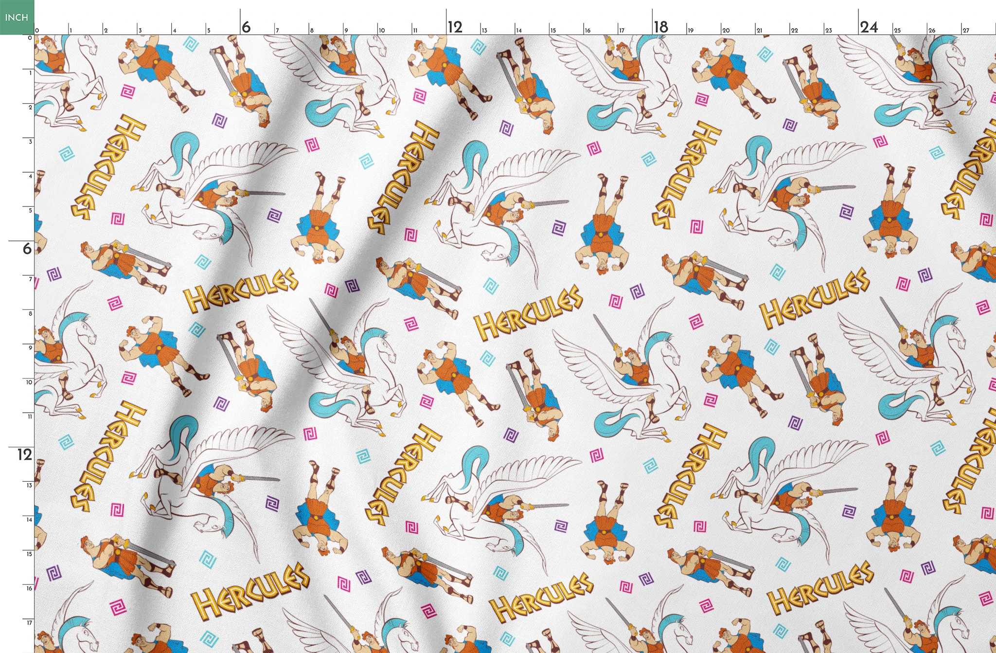 Cartoon pattern of Hercules characters with Pegasus, swords, and "HERCULES" text on white background springs fatquarter mockup