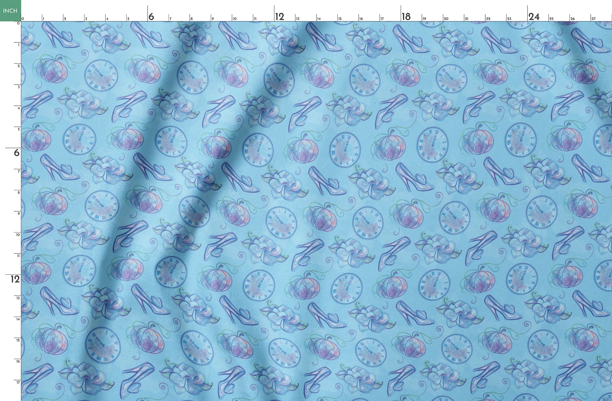 Whimsical Cinderella-themed pattern with glass slippers, pumpkins, clocks, and ribbons in soft blue and purple tones springs fatquarter mockup