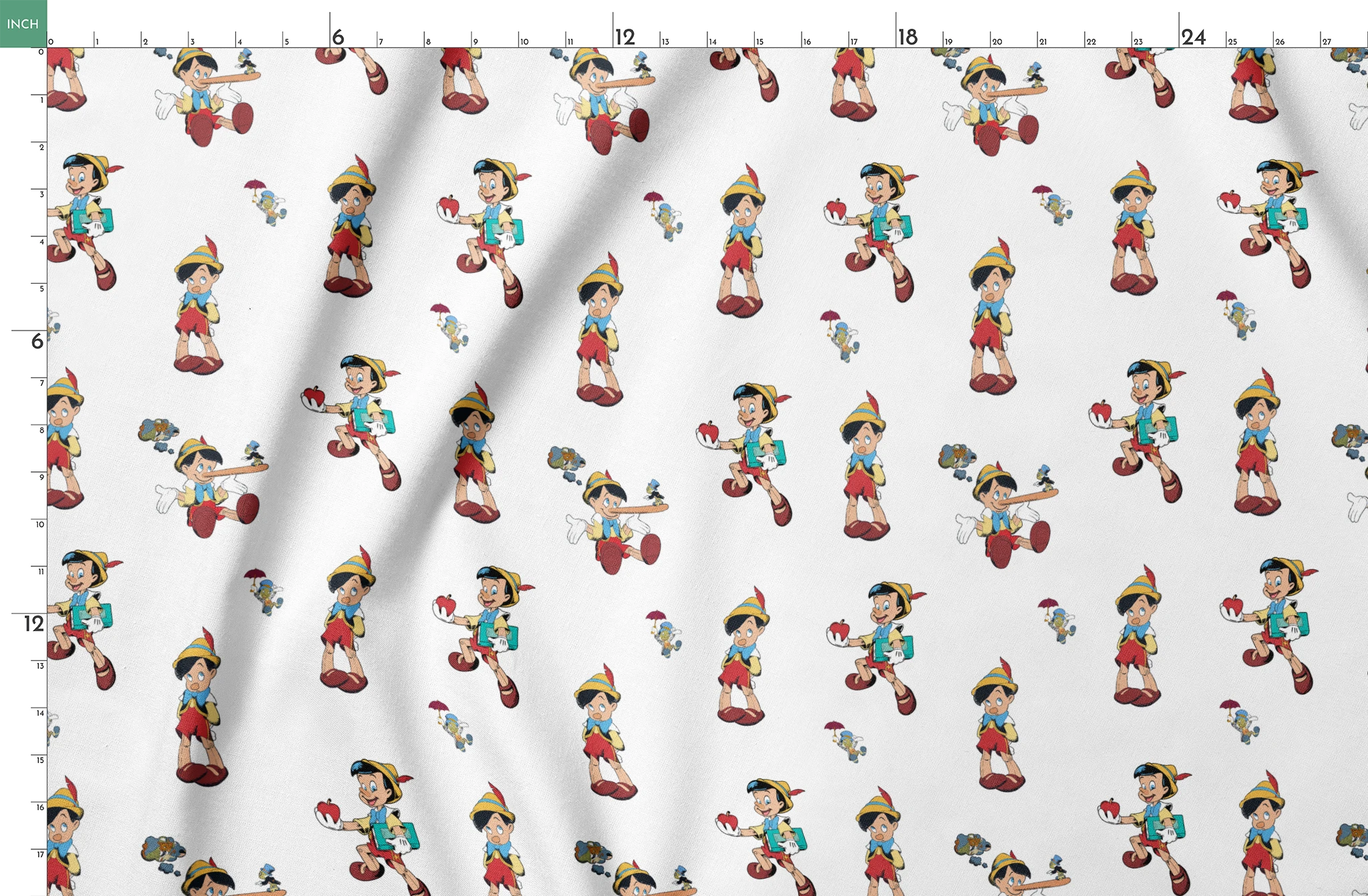Repeating pattern of cartoon wooden puppet character with pointed hat in various poses springs fatquarter mockup