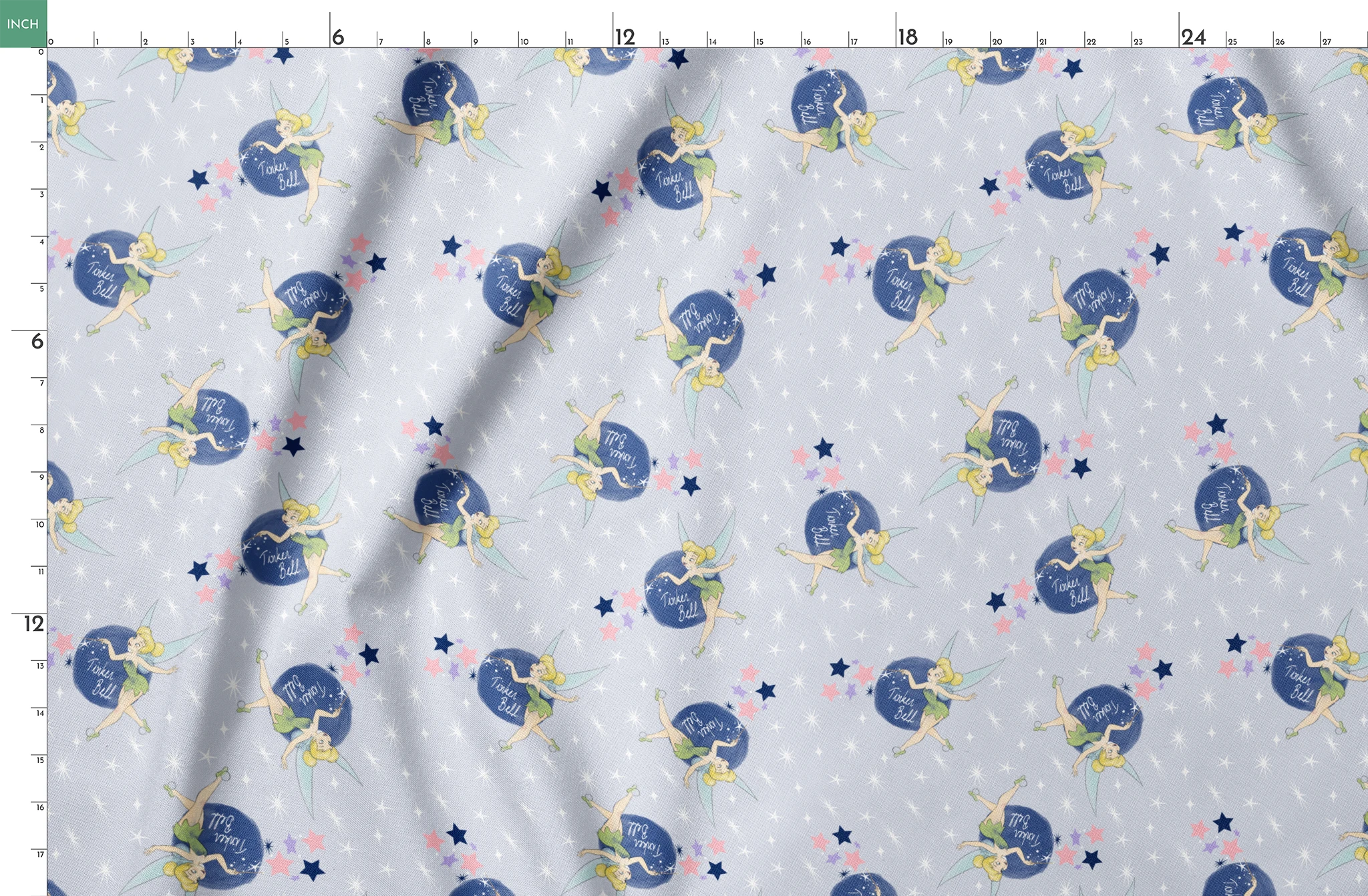 Tinker Bell pattern with the iconic fairy flying around blue moons and stars on a light gray background springs fatquarter mockup