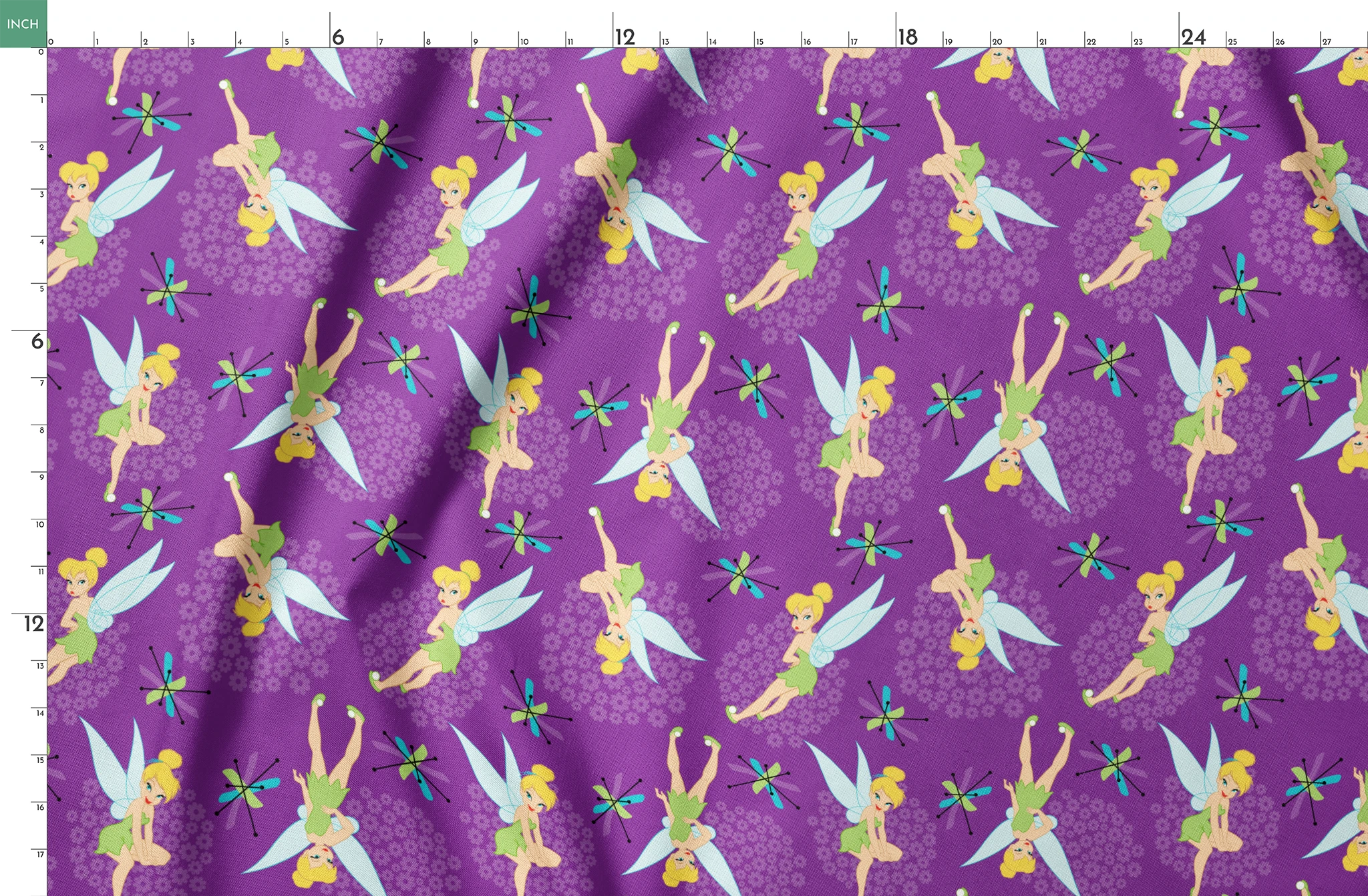 Repeating Tinker Bell pattern in green dresses on purple background springs fatquarter mockup