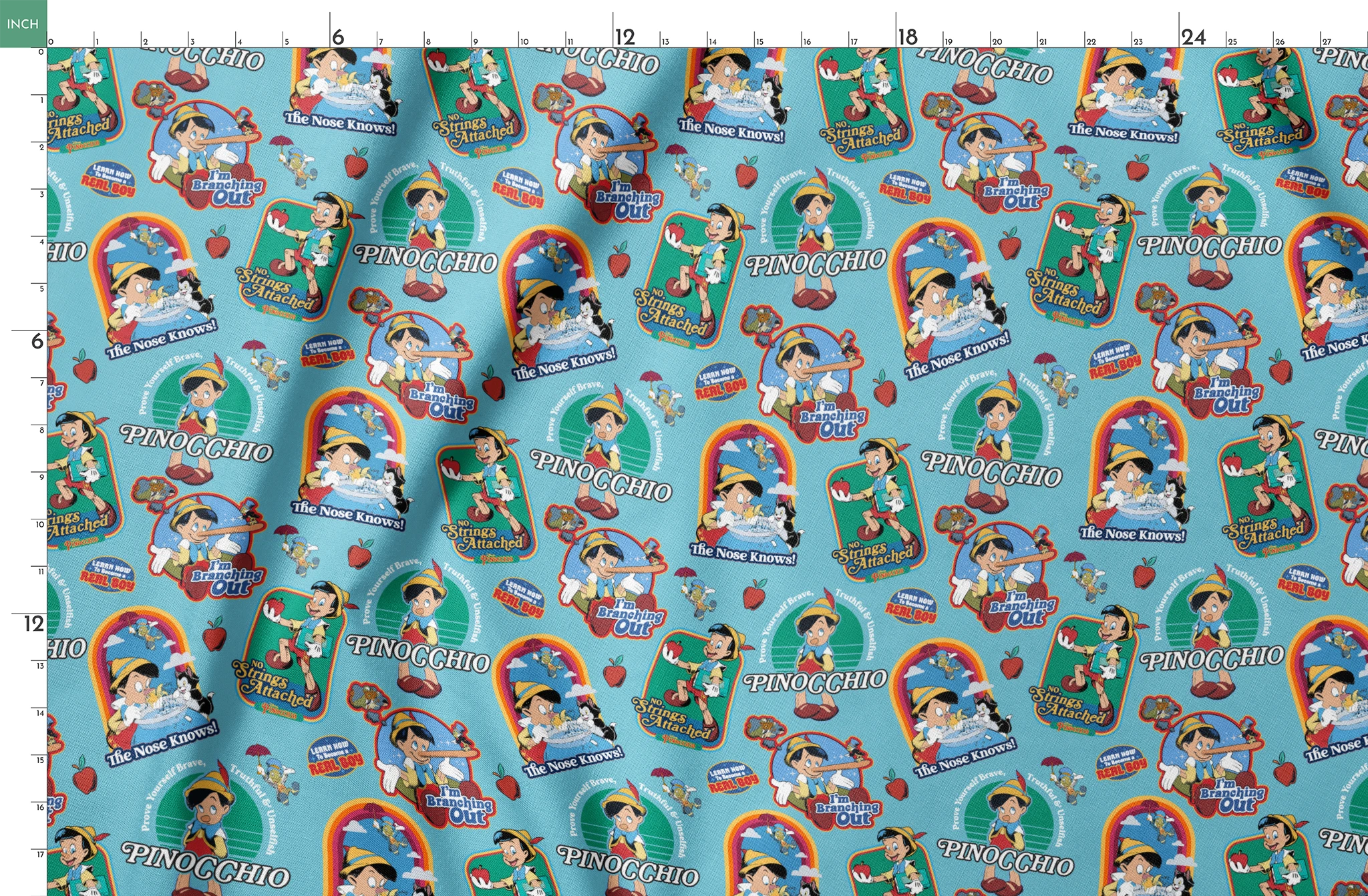 Colorful Pinocchio cartoon pattern featuring puppet characters, slogans, and red apples on teal background springs fatquarter mockup
