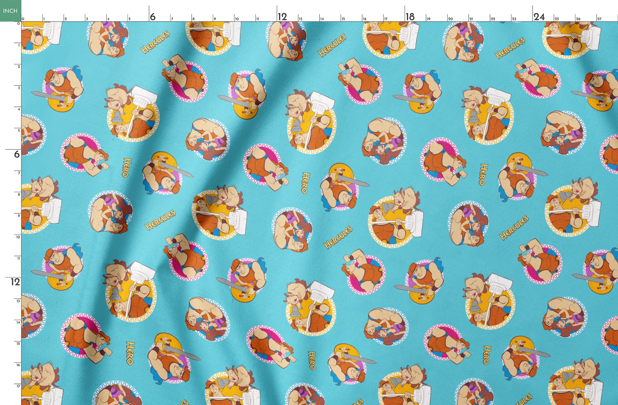 Cartoon characters from Hercules arranged in circular patterns on light blue background springs fatquarter mockup