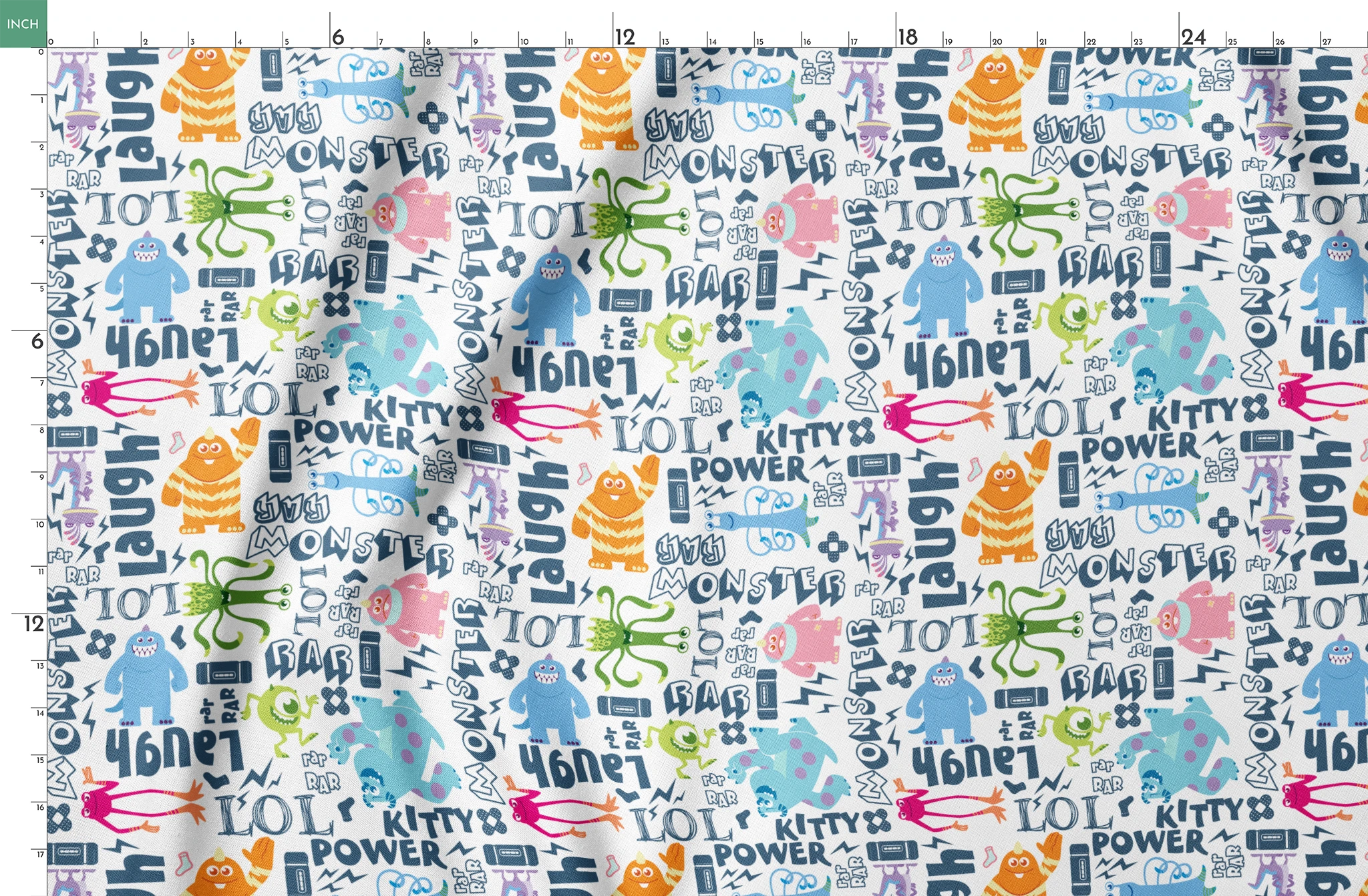 Colorful Monsters Inc doodle pattern with playful characters and text like "Laugh," "Power," and "Monster" in blue and vibrant colors. springs fatquarter mockup