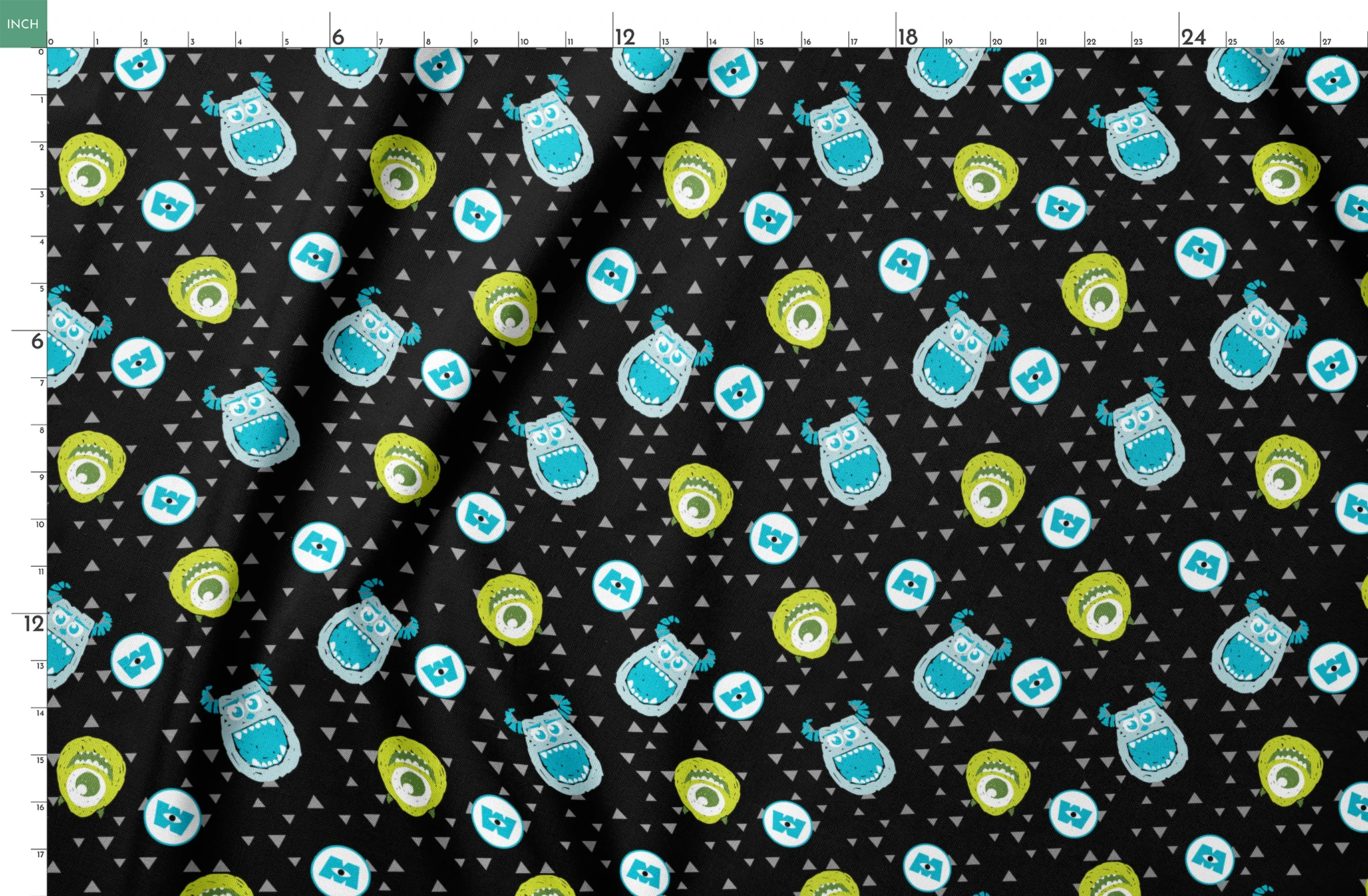 Monsters Inc pattern with Mike and Sulley on black background with gray triangles springs fatquarter mockup