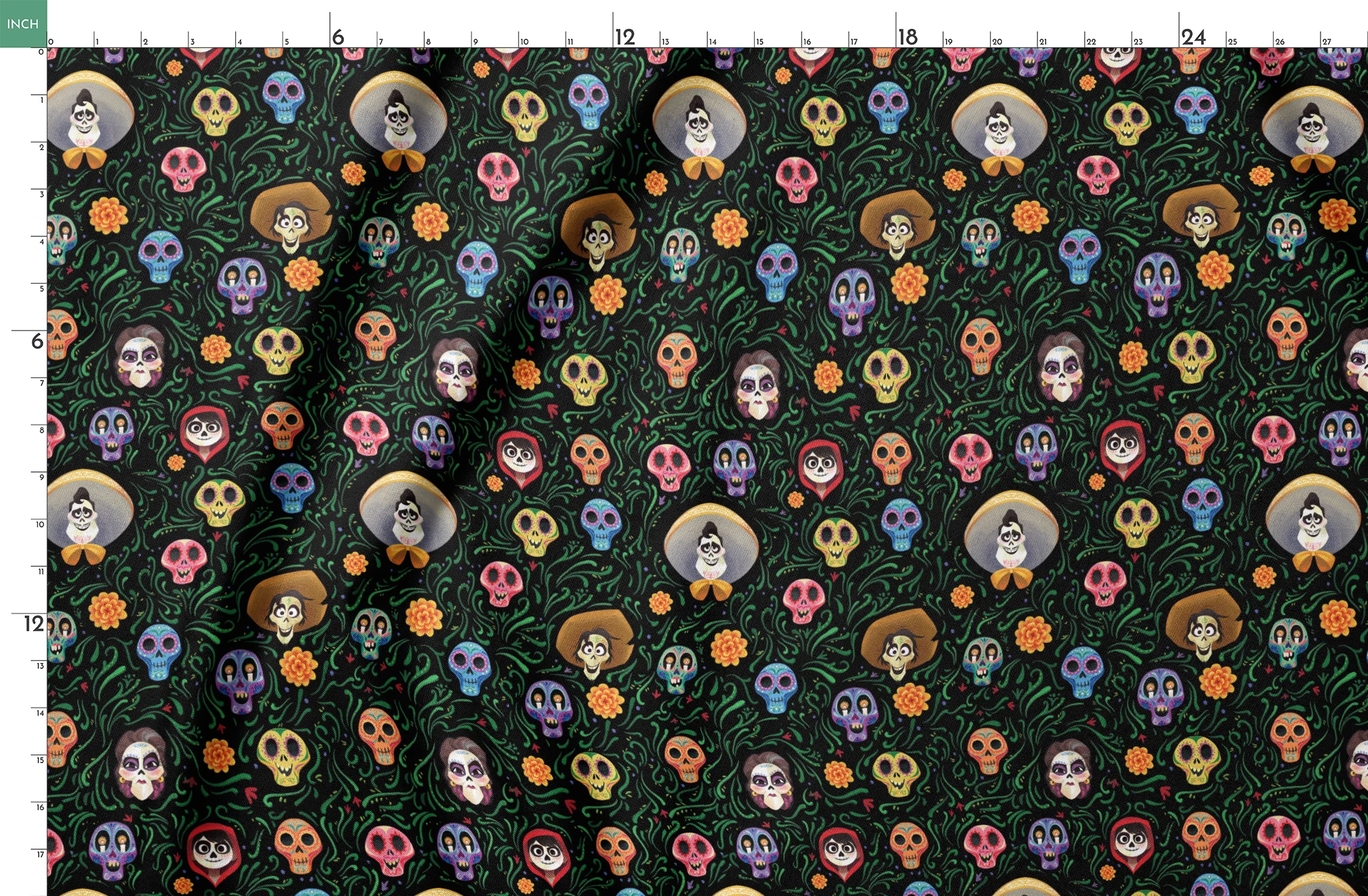 Colorful Coco stylized sugar skulls with sombreros scattered among green vines and orange flowers on black background springs fatquarter mockup