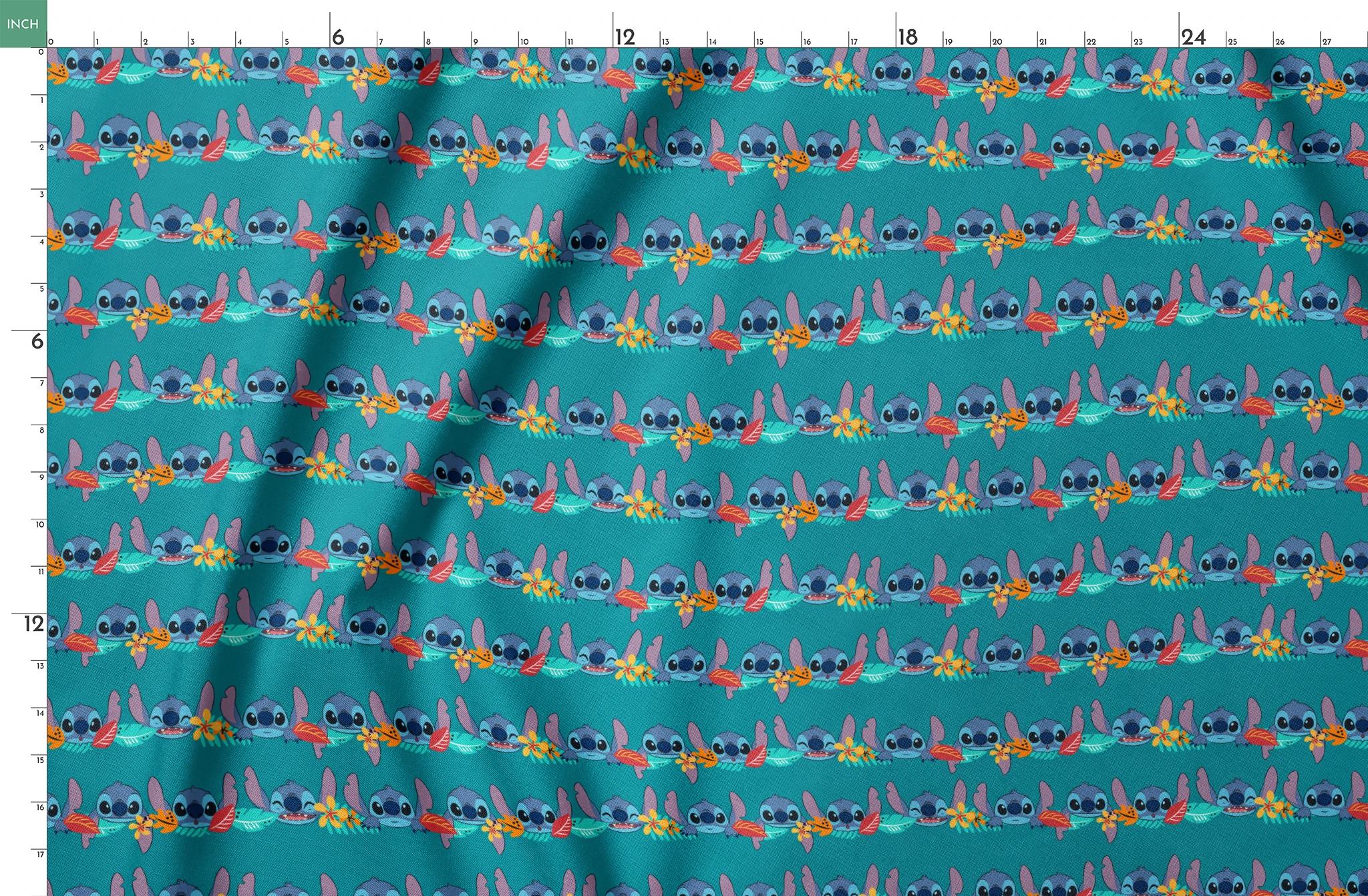 Repeating stripe design with Disney’s Stitch peeking between rows of tropical hibiscus flowers and colorful leaves on a teal background. springs fatquarter mockup