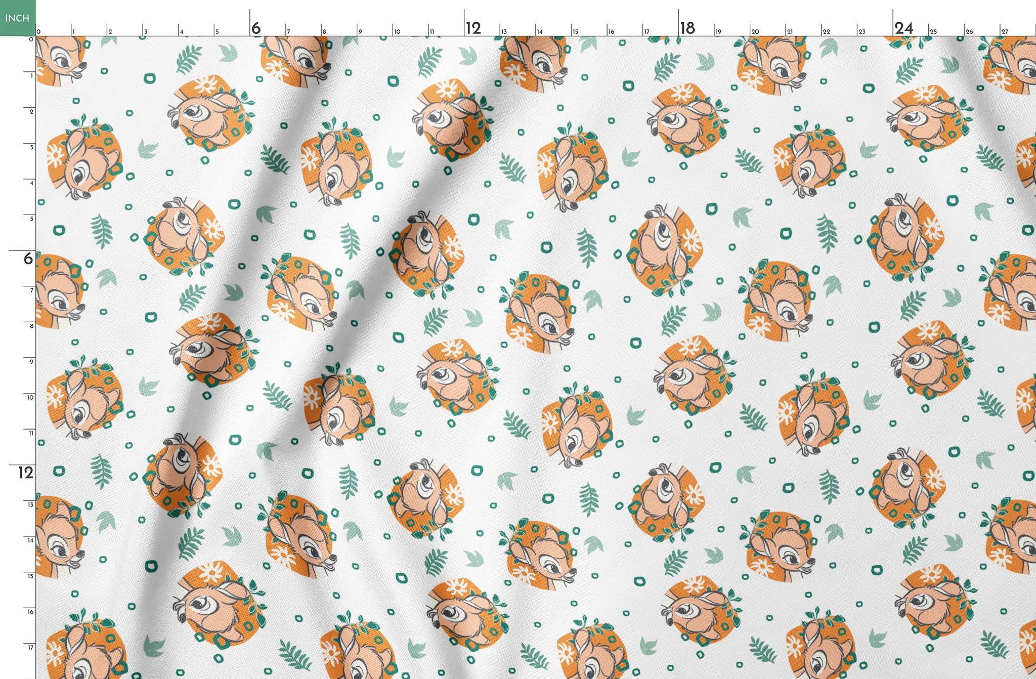 Disney’s Bambi illustrated in golden-orange floral medallions with green leaves and scattered geometric accents on a white background. springs fatquarter mockup