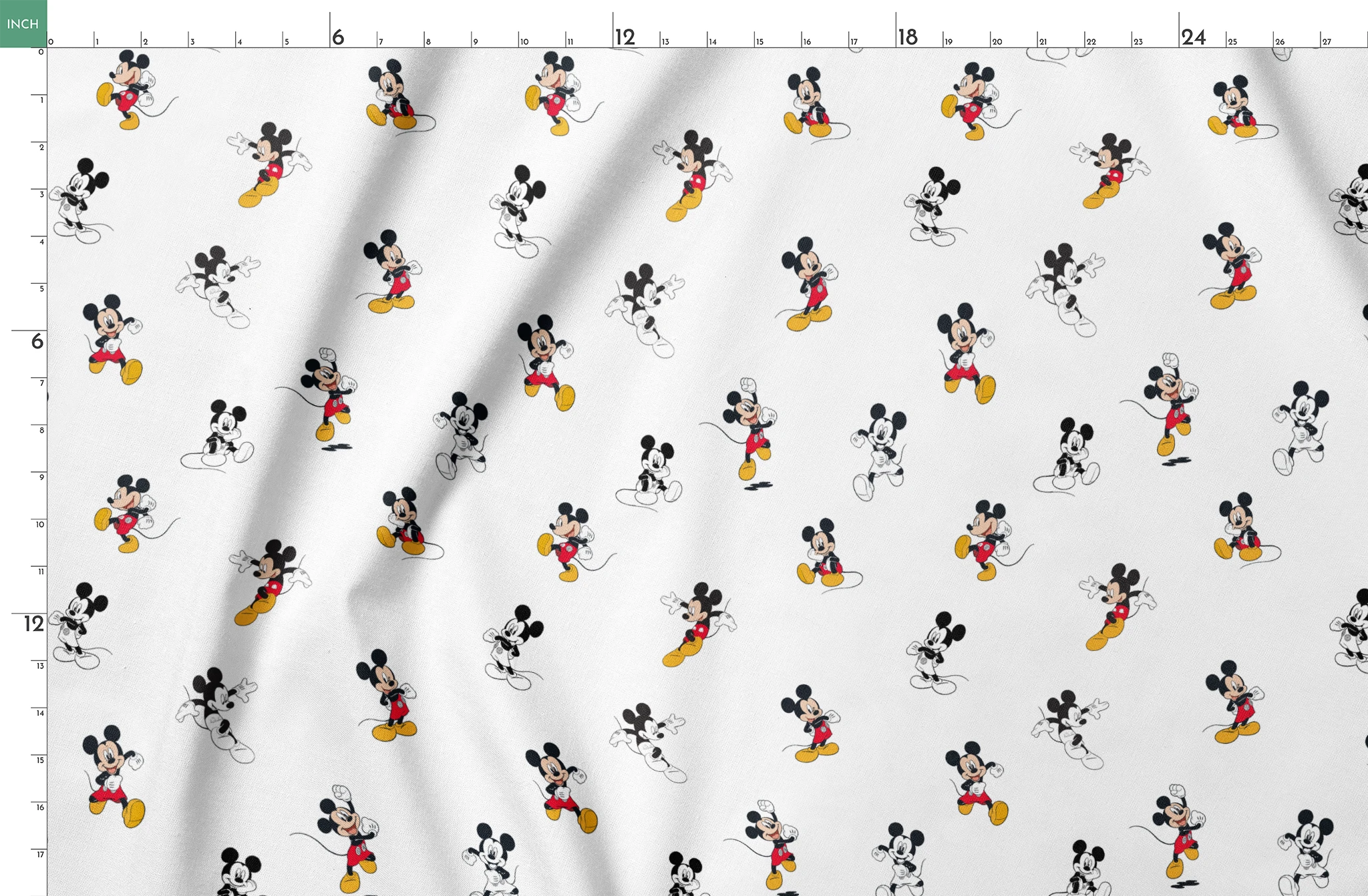 Repeating pattern of Mickey Mouse cartoon characters in various poses on white background springs fatquarter mockup