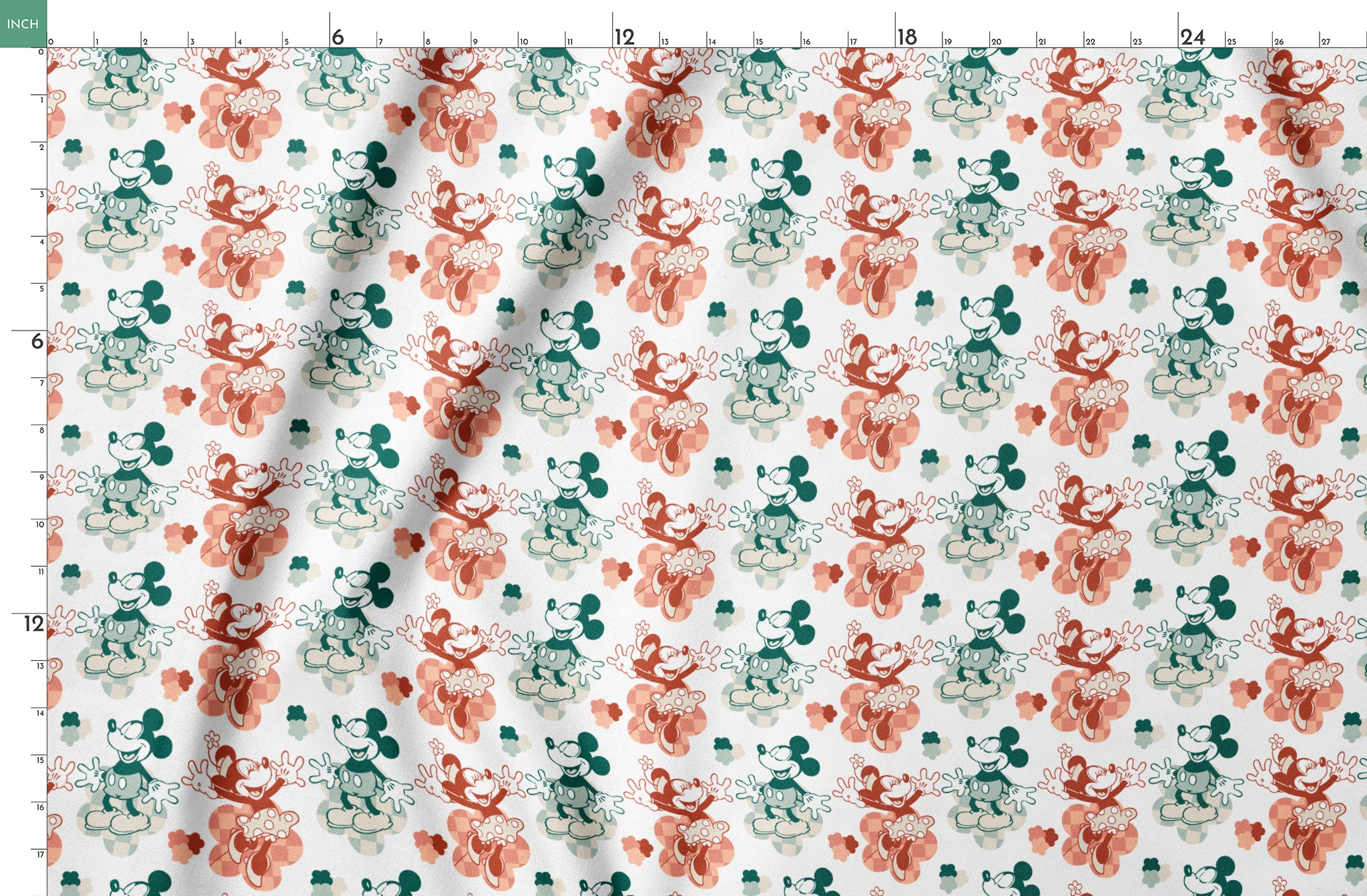 Repeating pattern of vintage-style cartoon characters in green and red-orange tones on white background springs fatquarter mockup