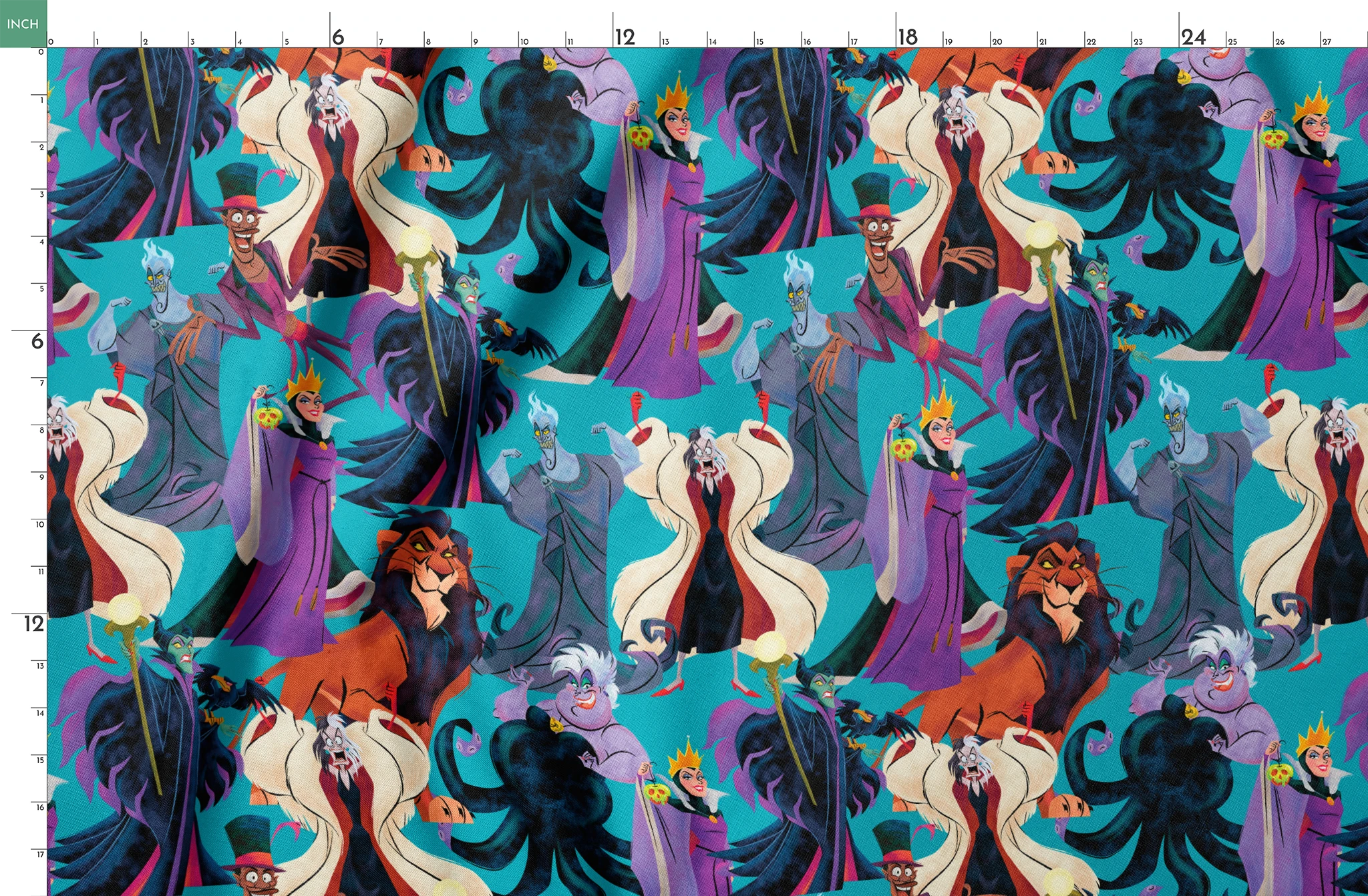 Disney Villains like Ursula, Maleficent, and Hades on a turquoise background in a colorful character pattern. springs fatquarter mockup