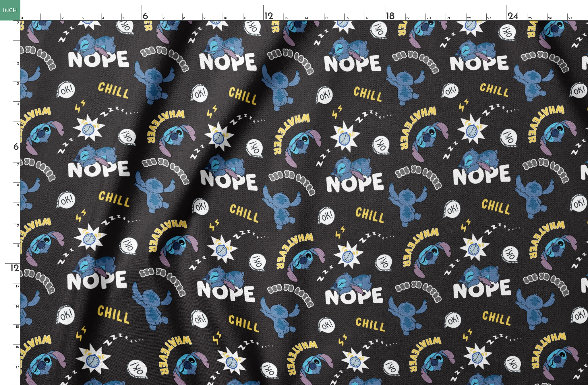Disney Stitch pattern on black background with text "NOPE," "CHILL," "OK!" and sleep symbols springs fatquarter mockup