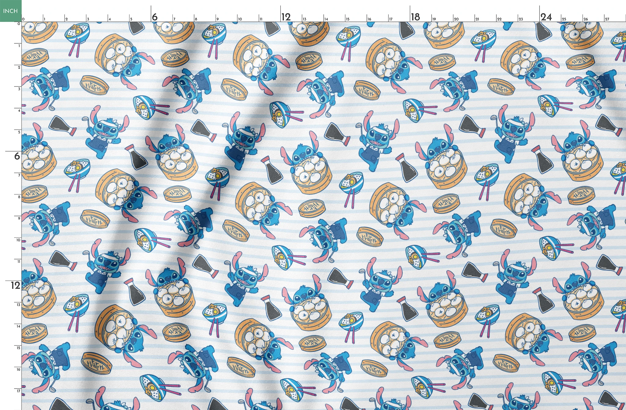 Cartoon Stitch with Chinese dim sum and dumplings on light blue striped background springs fatquarter mockup