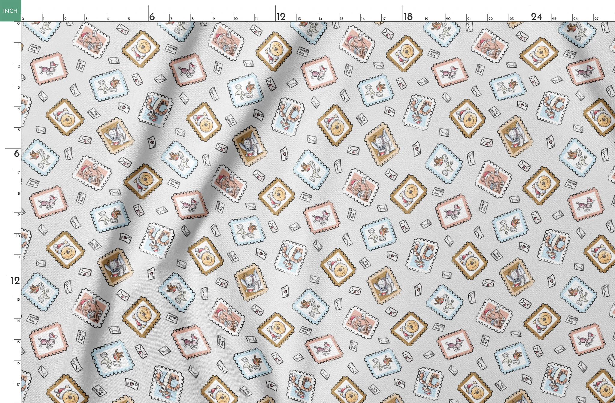 Vintage-style postage stamps with fairy tale illustrations on a light gray background with envelo... springs fatquarter mockup