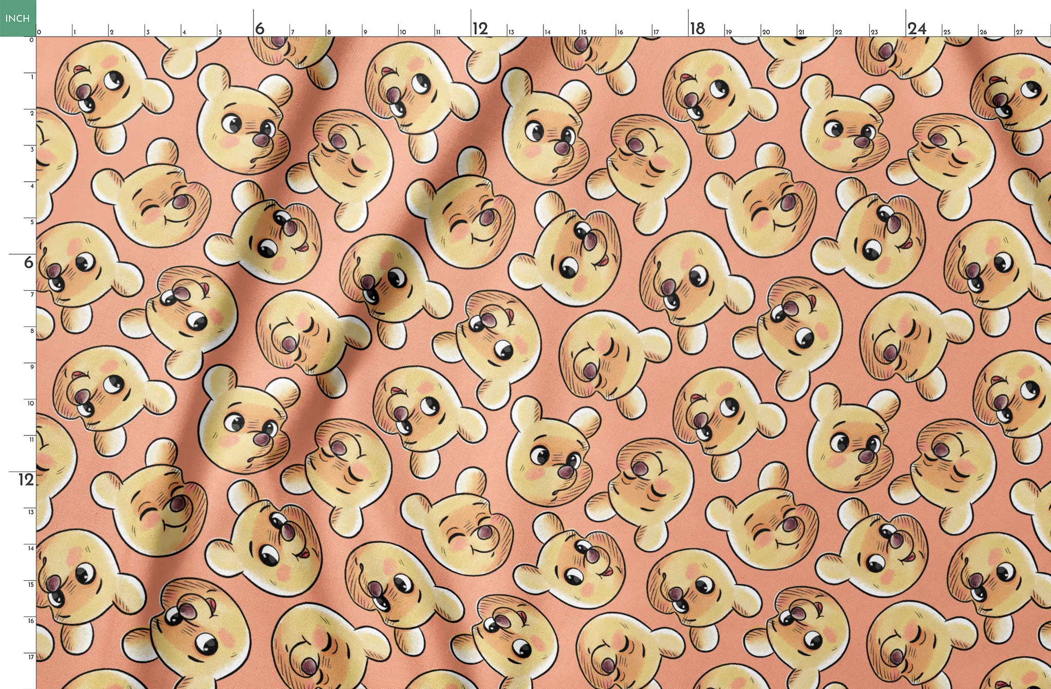 Cartoon teddy bear faces with cute expressions on peach background in repeating pattern springs fatquarter mockup