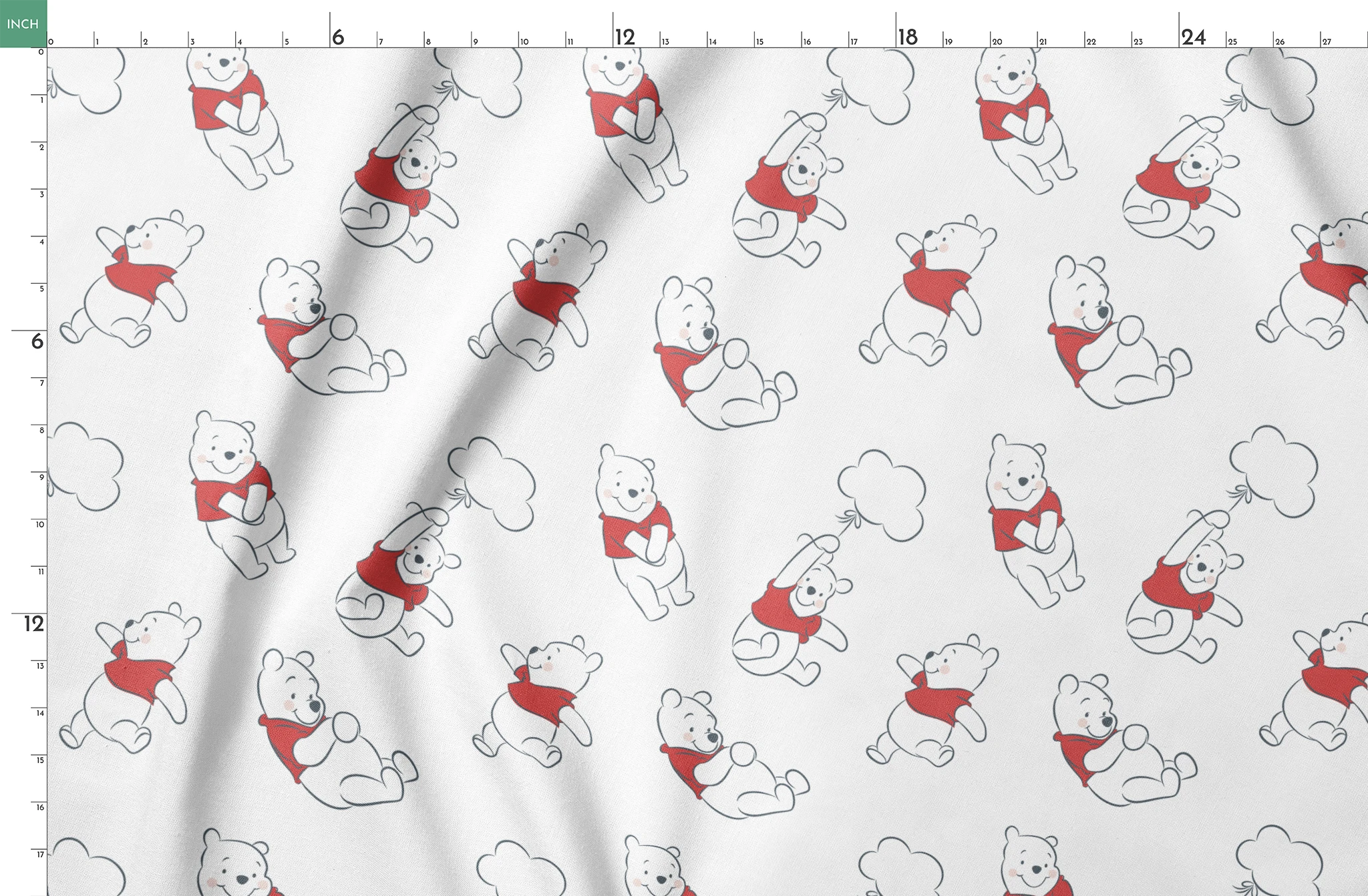 Illustration pattern of Winnie the Pooh in different poses wearing a red shirt on white background springs fatquarter mockup
