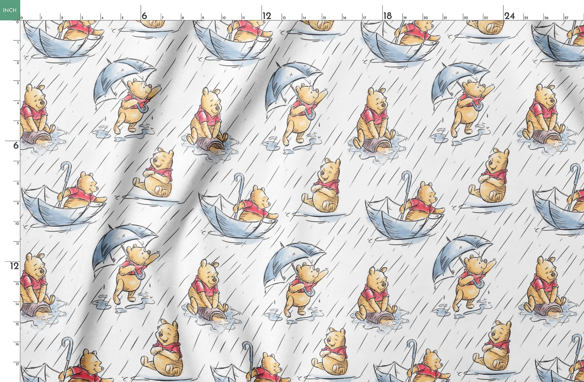 Small bear characters in a rainy scene - some holding umbrellas, others in paper boats, wearing red shirts springs fatquarter mockup