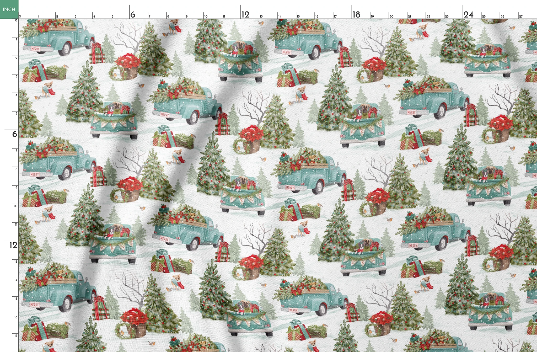 Vintage-style holiday fabric by Nicole Tamarin featuring teal trucks with Christmas trees, dogs, snow, and gifts in a festive winter landscape. springs fatquarter mockup