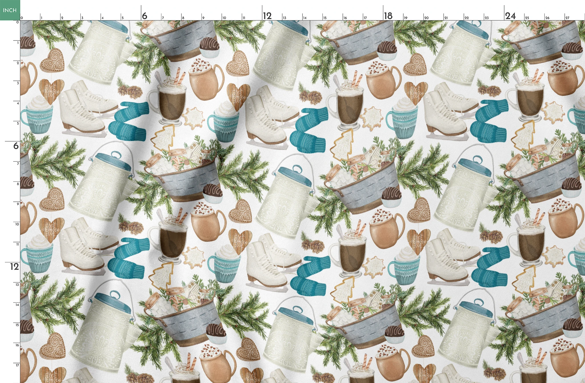 Winter-themed pattern featuring cocoa mugs, ice skates, mittens, pine branches, and holiday cookies in neutral and blue tones by Nicole Tamarin. springs fatquarter mockup