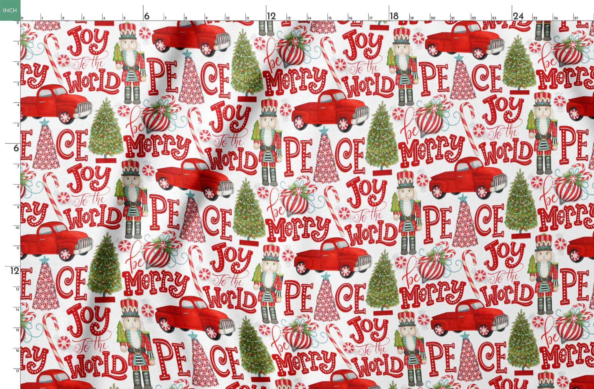 Holiday pattern featuring red trucks, nutcrackers, candy canes, Christmas trees, and festive lettering on a white background by Nicole Tamarin. springs fatquarter mockup