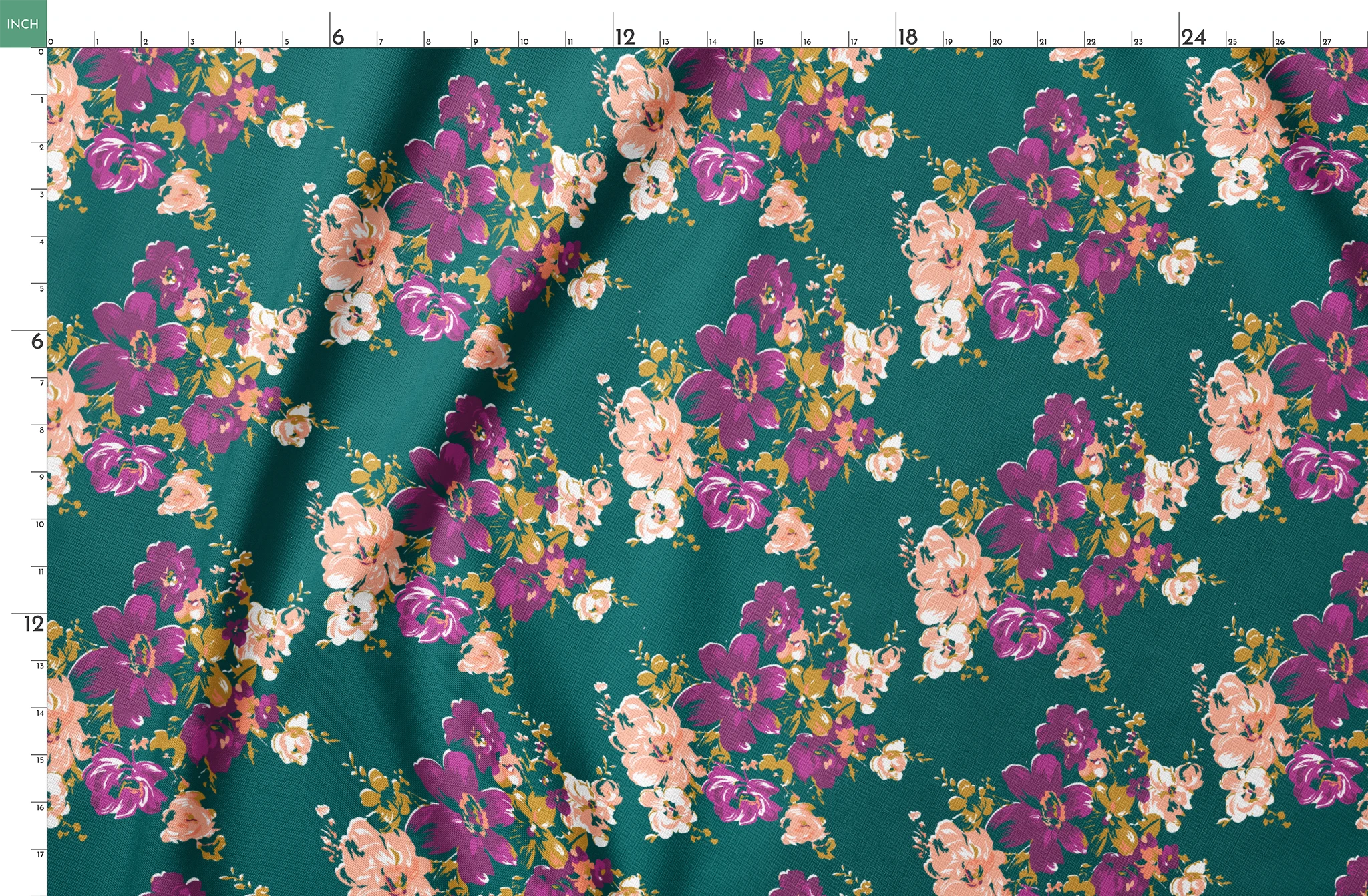 Vibrant floral pattern with purple and peach flowers on a deep teal background springs fatquarter mockup