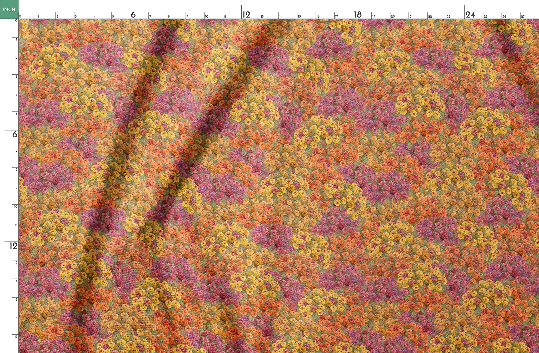 Dense floral fabric featuring orange, gold, pink, and plum zinnias in a packed all-over pattern by Nicole Tamarin. springs fatquarter mockup