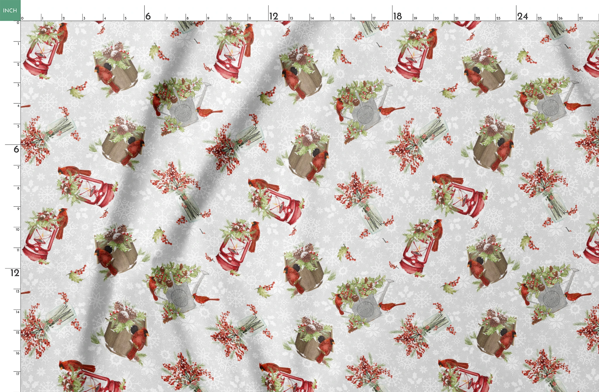 Red cardinals perched among holly berries, pine sprigs, lanterns, and rustic containers on a soft snowy background with snowflake details by Nicole Tamarin springs fatquarter mockup
