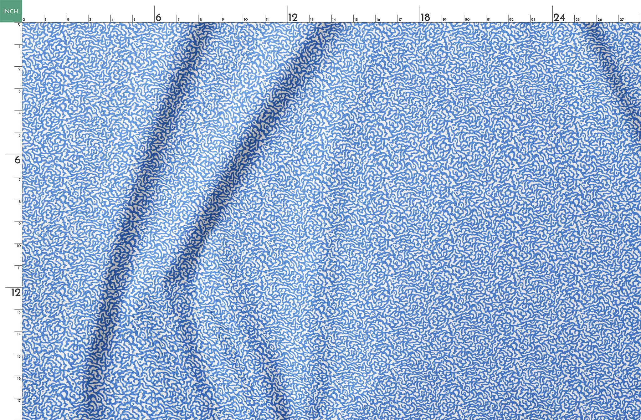 Blue and white abstract pattern with wavy, maze-like lines creating a flowing organic texture springs fatquarter mockup