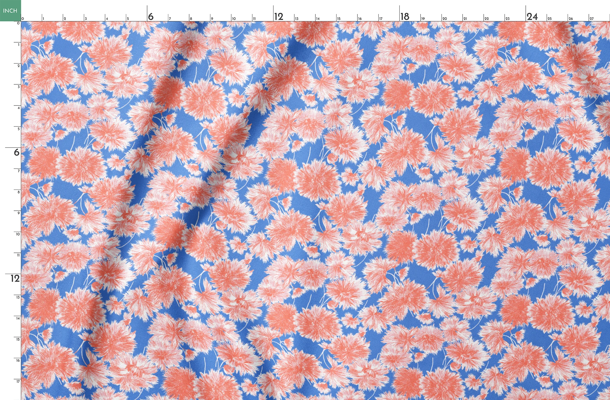 Coral pink floral pattern of chrysanthemums or dahlias on bright blue background springs fatquarter mockup