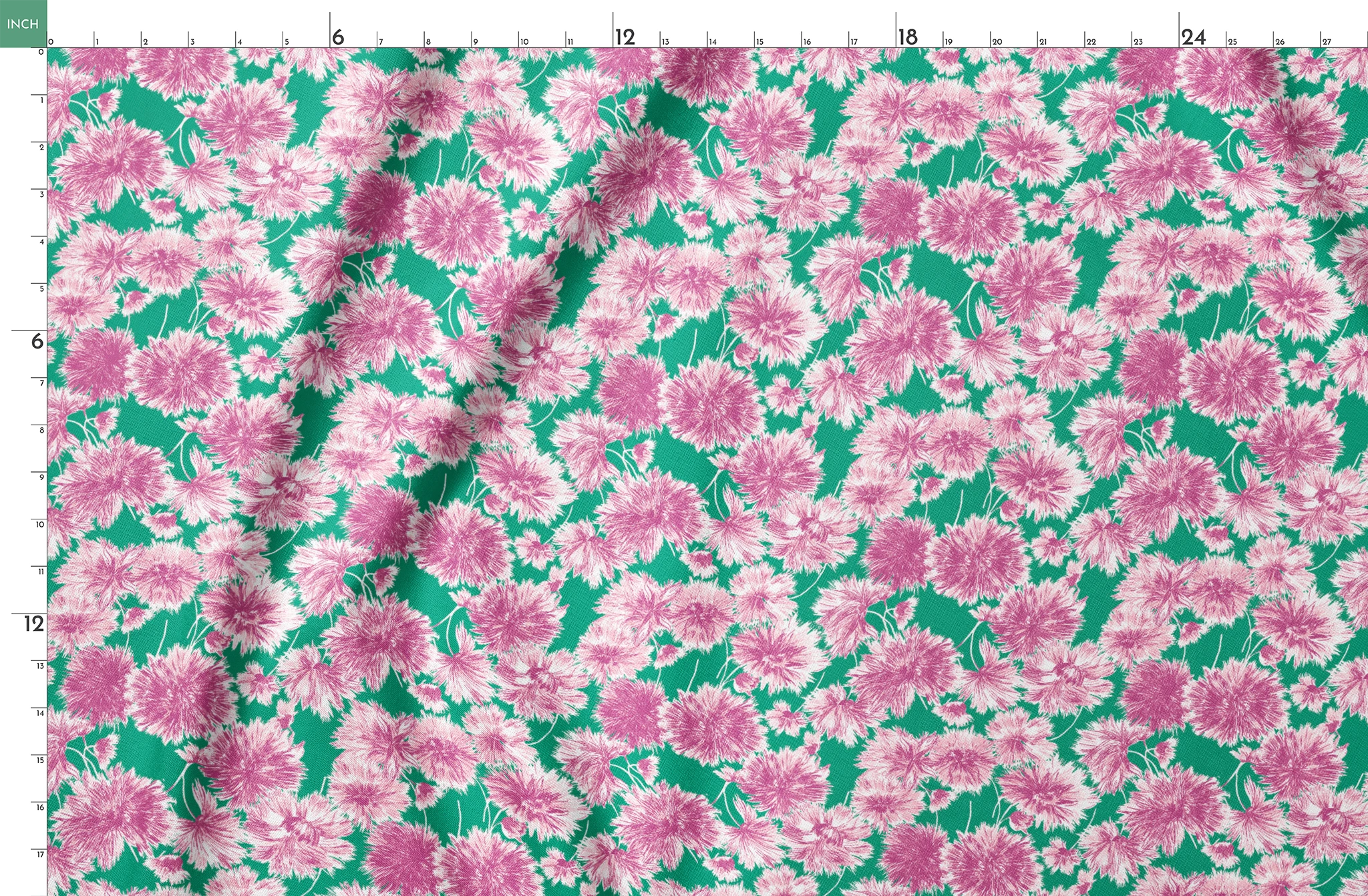 Pink and purple carnation flowers scattered on a green background in a repeating floral pattern springs fatquarter mockup