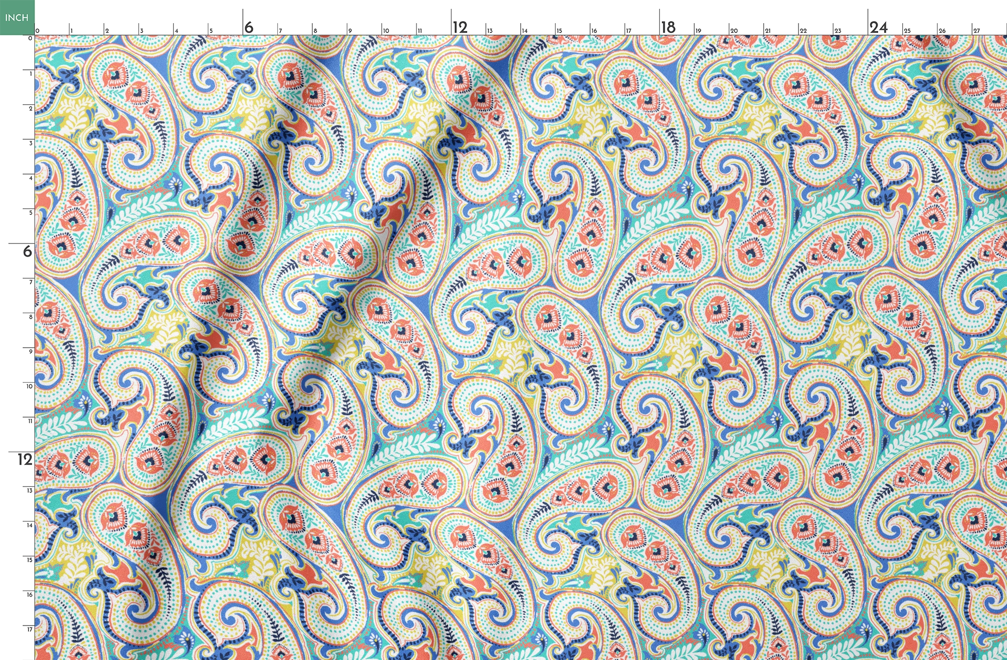 Vibrant blue, yellow and red paisley pattern with swirling decorative motifs and curved shapes springs fatquarter mockup
