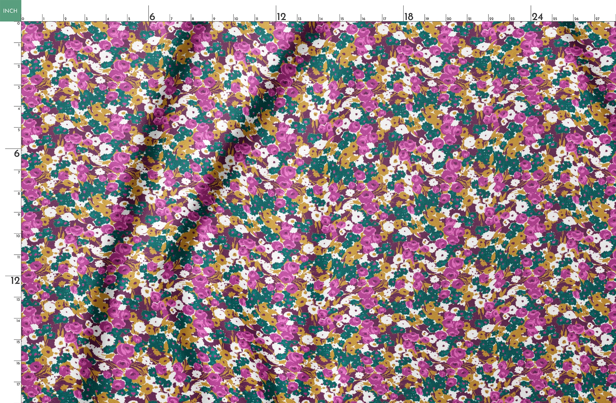 Vibrant floral pattern with purple, white, and gold flowers on teal background springs fatquarter mockup