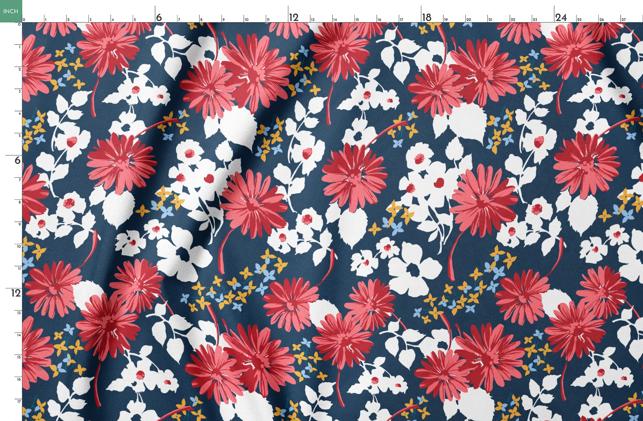 Vibrant floral pattern with red daisies and white flowers on navy background with small gold stars springs fatquarter mockup