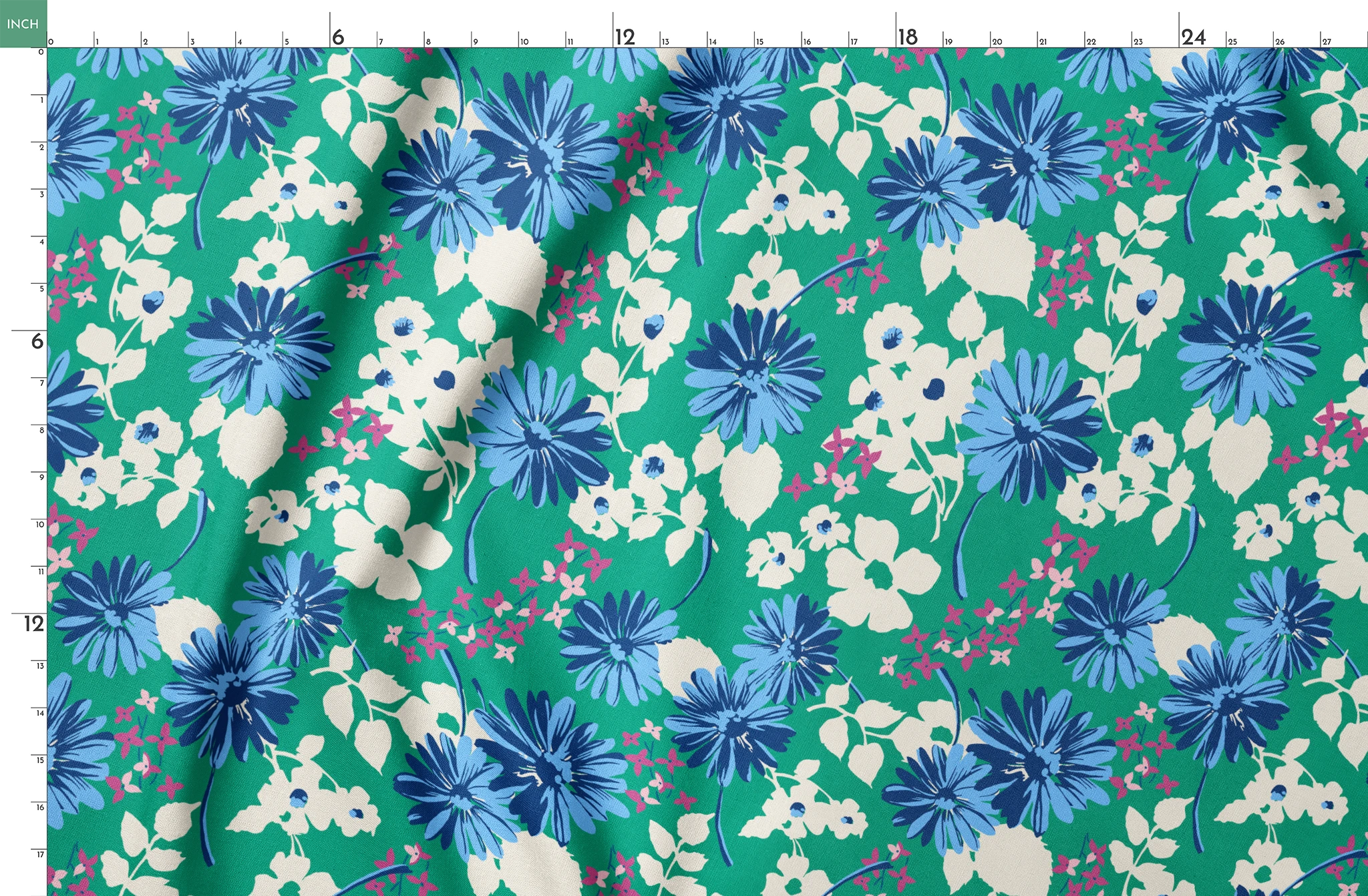 Vibrant floral pattern with blue spiky flowers and white blooms on a green background springs fatquarter mockup