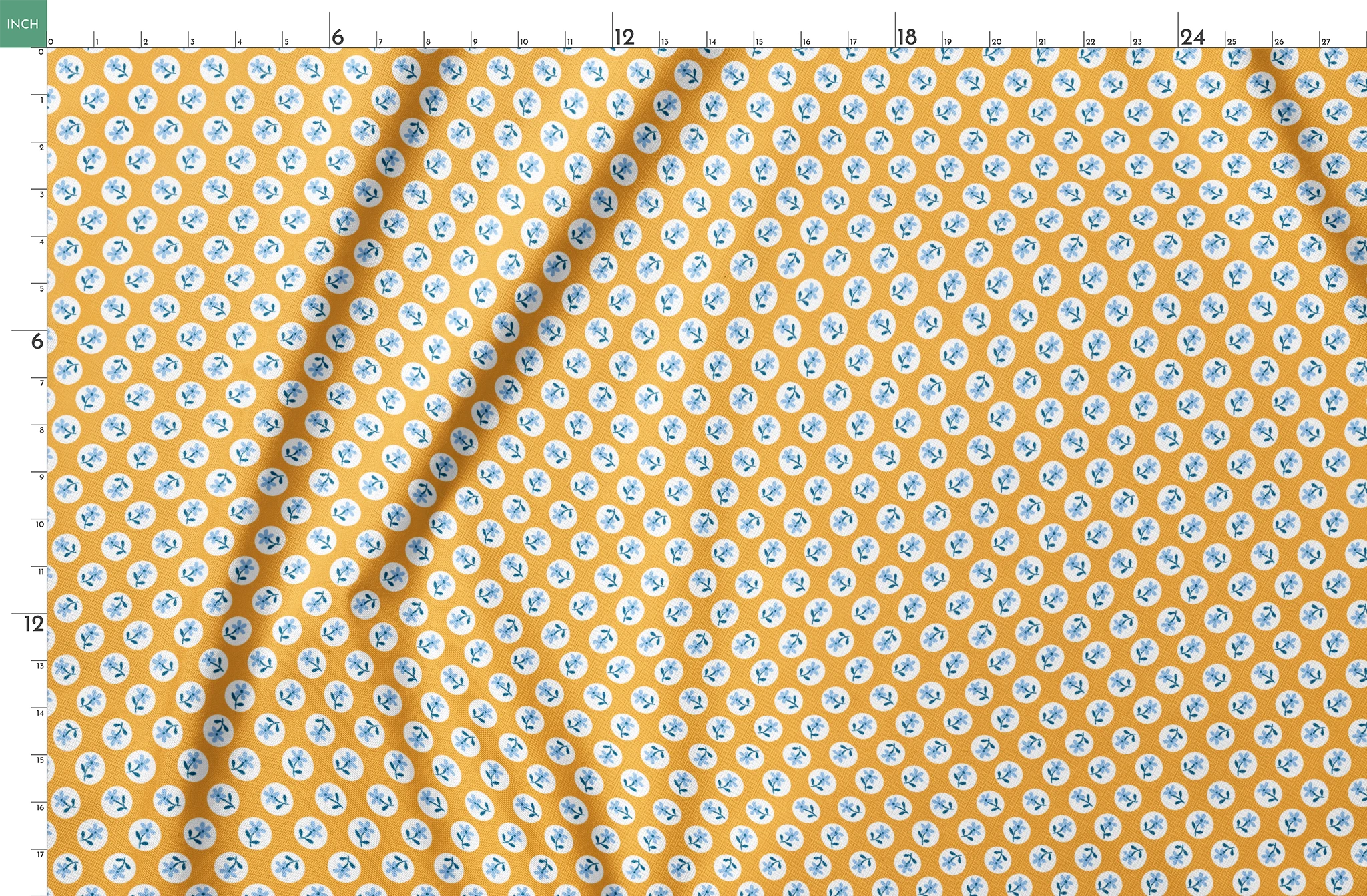Light blue flowers with navy stems in white circles on a mustard yellow background springs fatquarter mockup