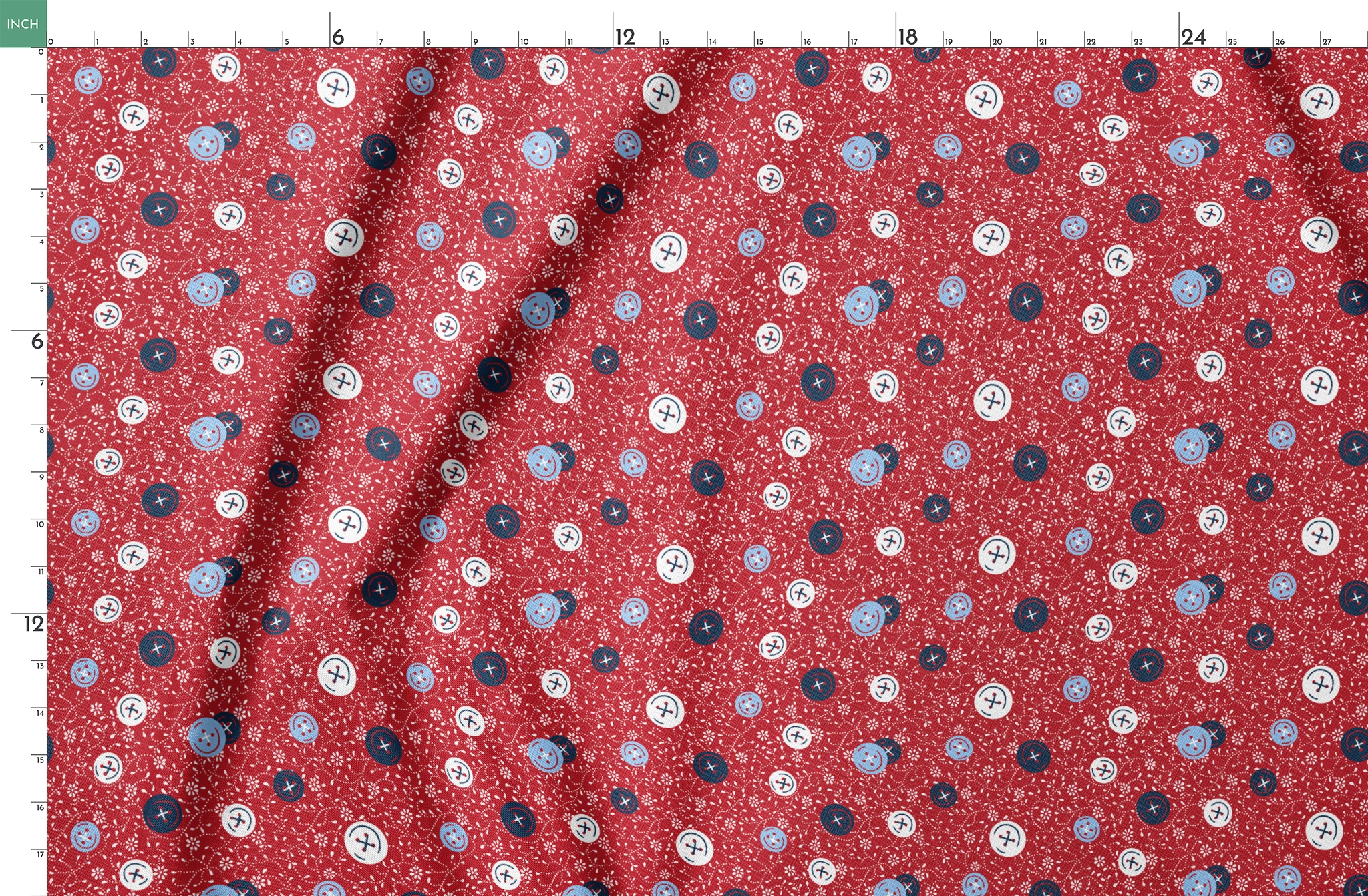 Red background with small white floral pattern featuring scattered button designs in blue, white, and navy cross details springs fatquarter mockup