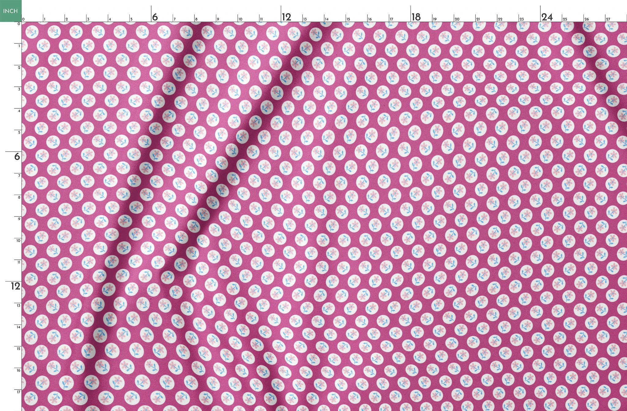 White circular dots with pink flowers and blue leaves pattern on vibrant magenta background springs fatquarter mockup