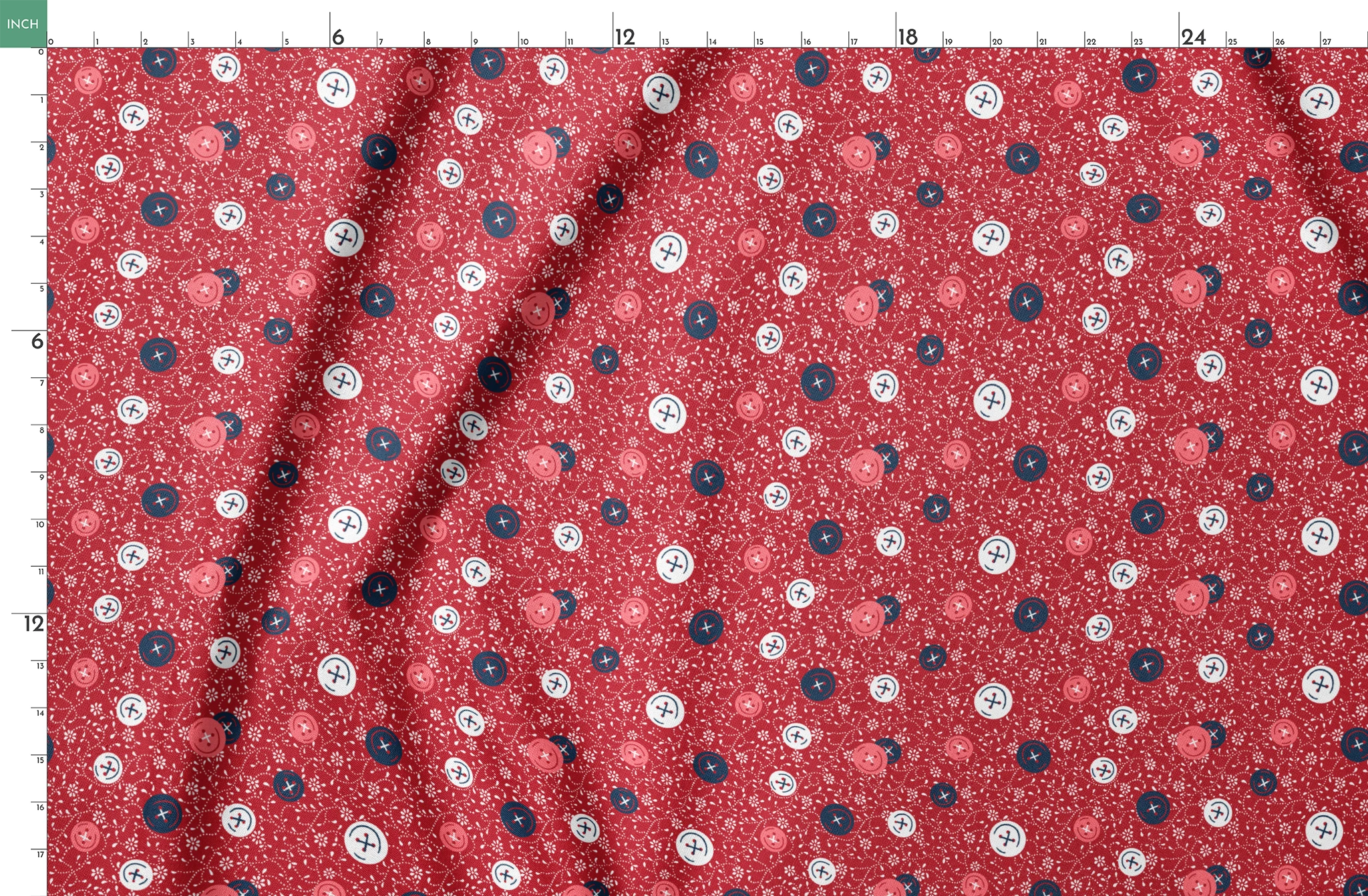 Red background with scattered buttons in white, blue, and coral colors featuring sewing motifs and small floral patterns springs fatquarter mockup