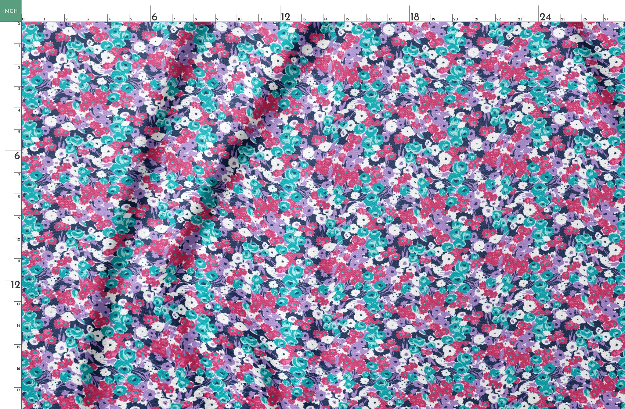 Vibrant floral pattern with pink, white, purple, and turquoise flowers on dark indigo background springs fatquarter mockup