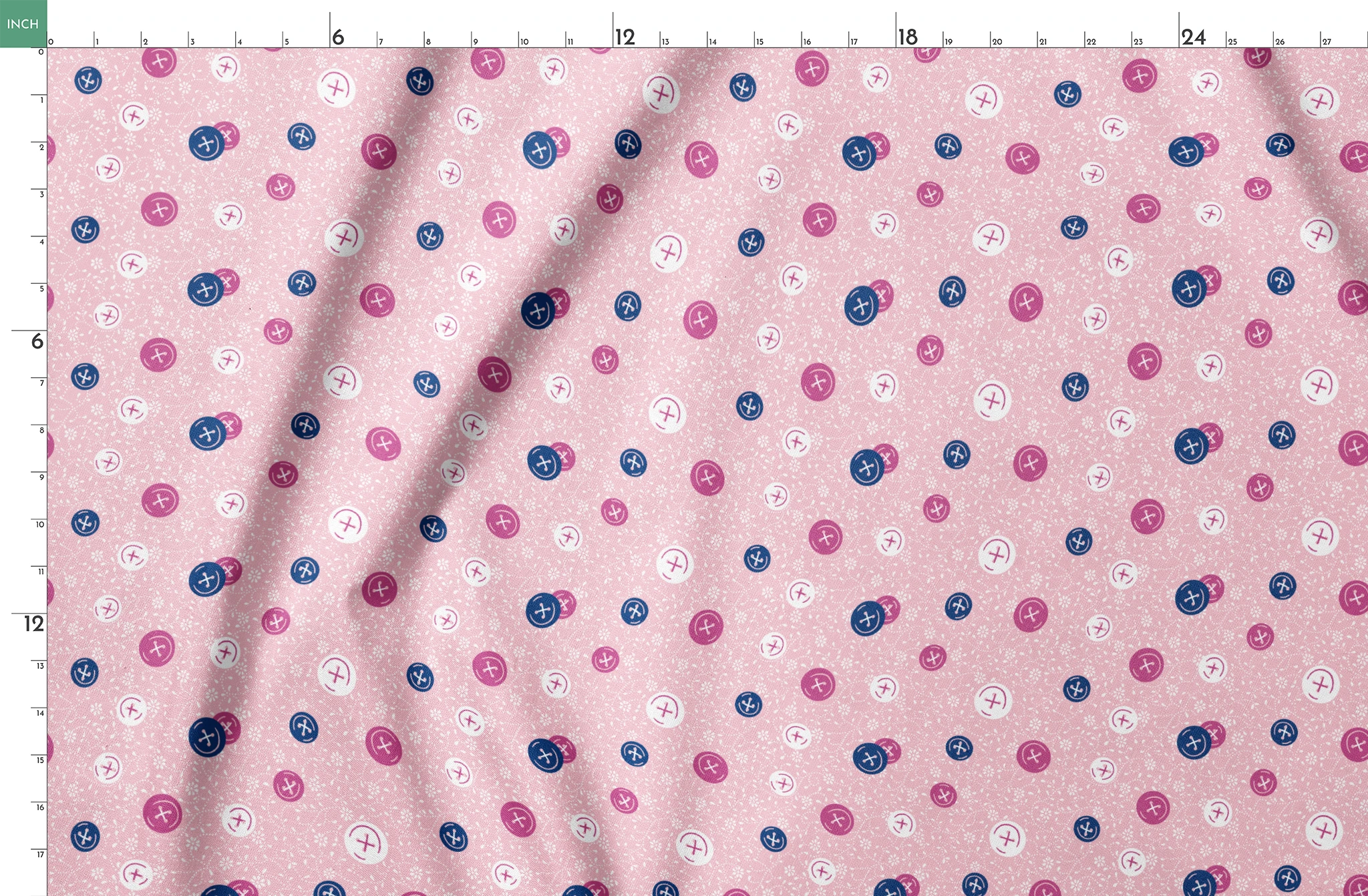 Scattered buttons in white, pink, and navy on a light pink floral background springs fatquarter mockup