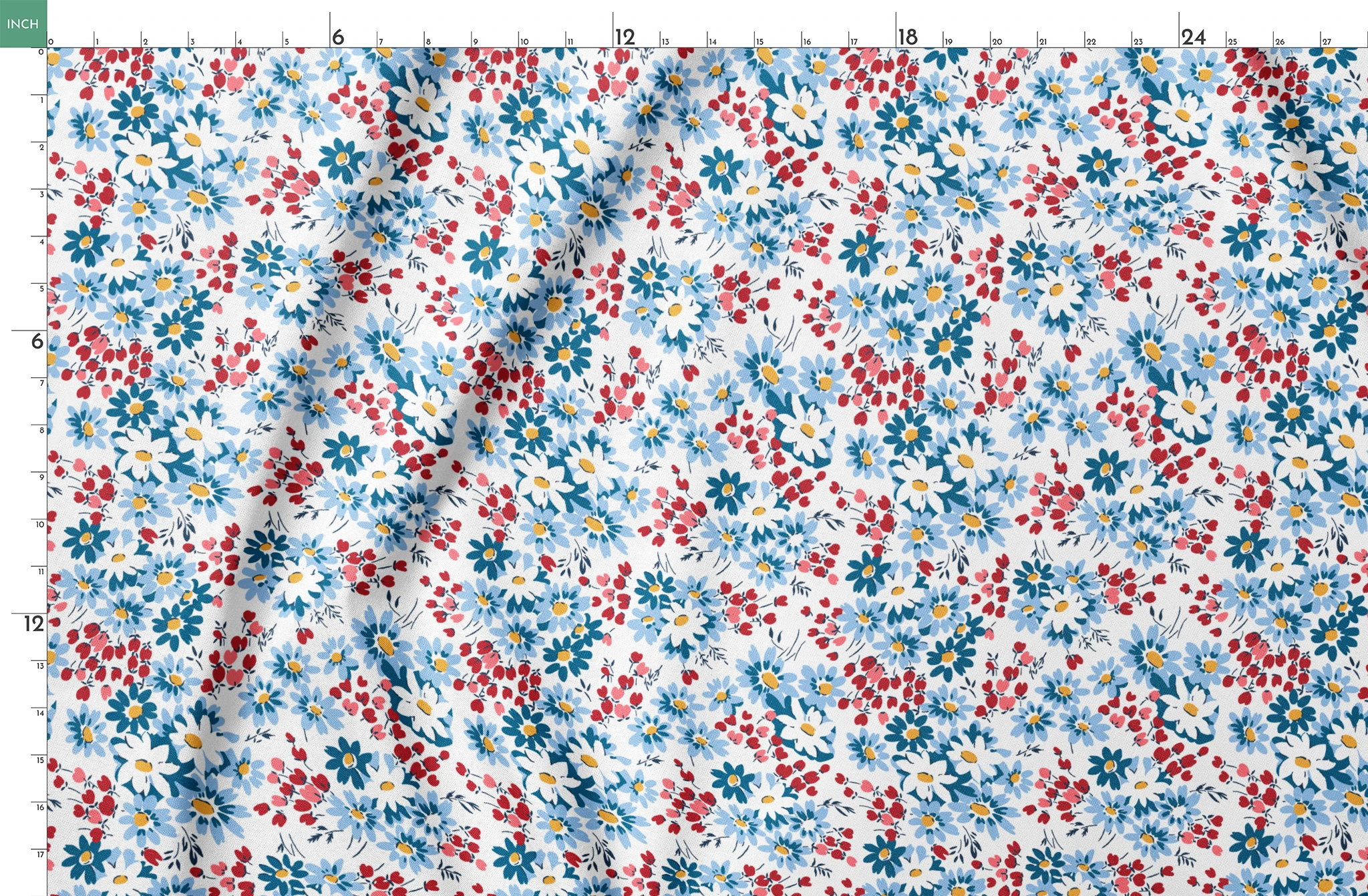 Blue and white daisies with small red berries scattered across a light background in a floral pattern springs fatquarter mockup