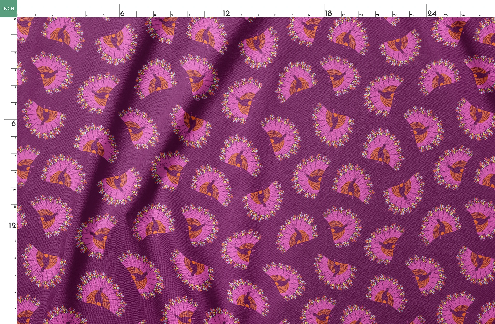 Decorative pattern with peacocks arranged in circular formations against a deep purple background springs fatquarter mockup