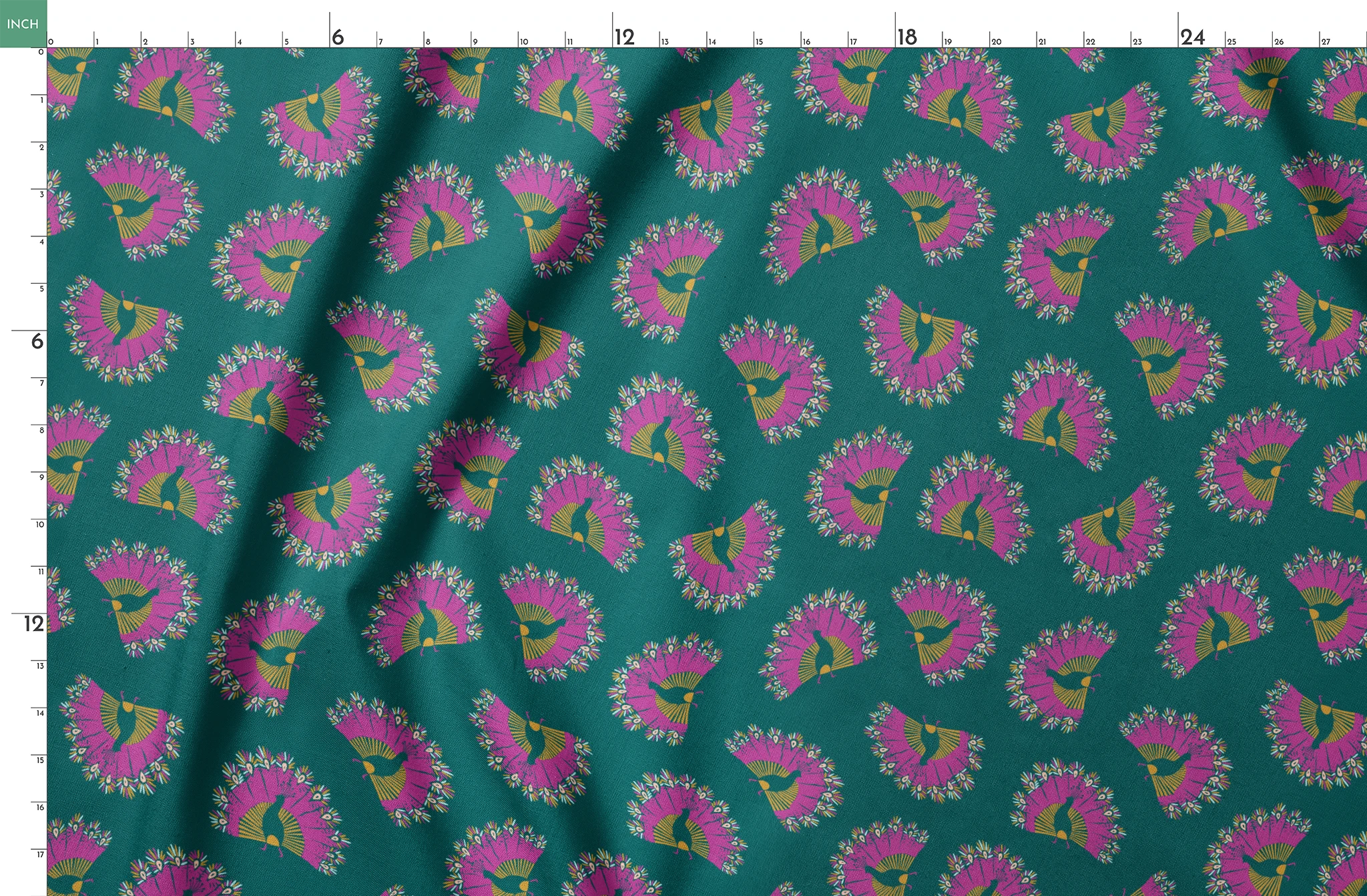 Vibrant pattern of pink circular bursts with yellow-green bird silhouettes on teal background springs fatquarter mockup