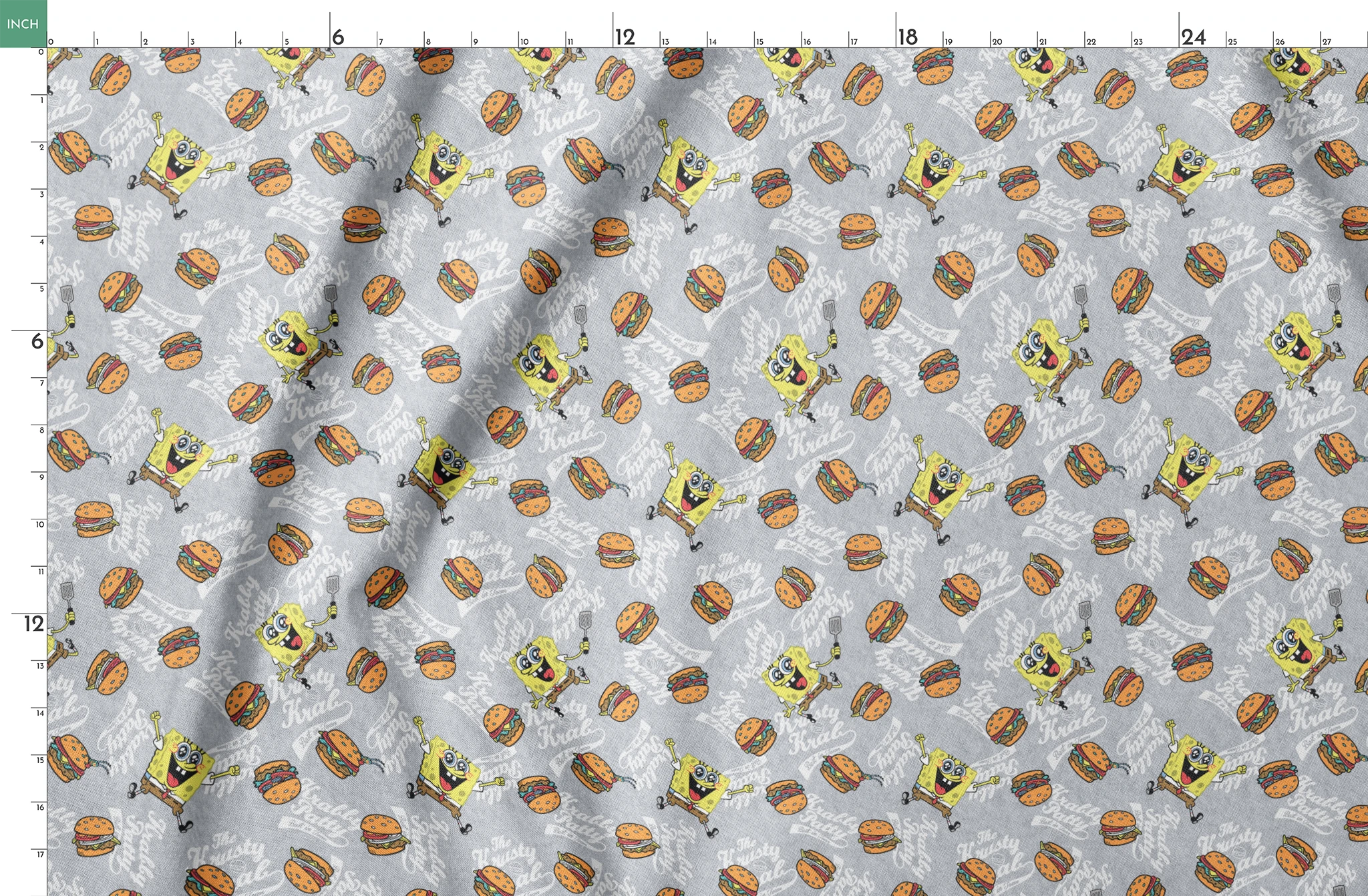 SpongeBob surrounded by Krabby Patties, spatulas, and “The Krusty Krab” text on a heather gray background in a playful cartoon-style design. springs fatquarter mockup