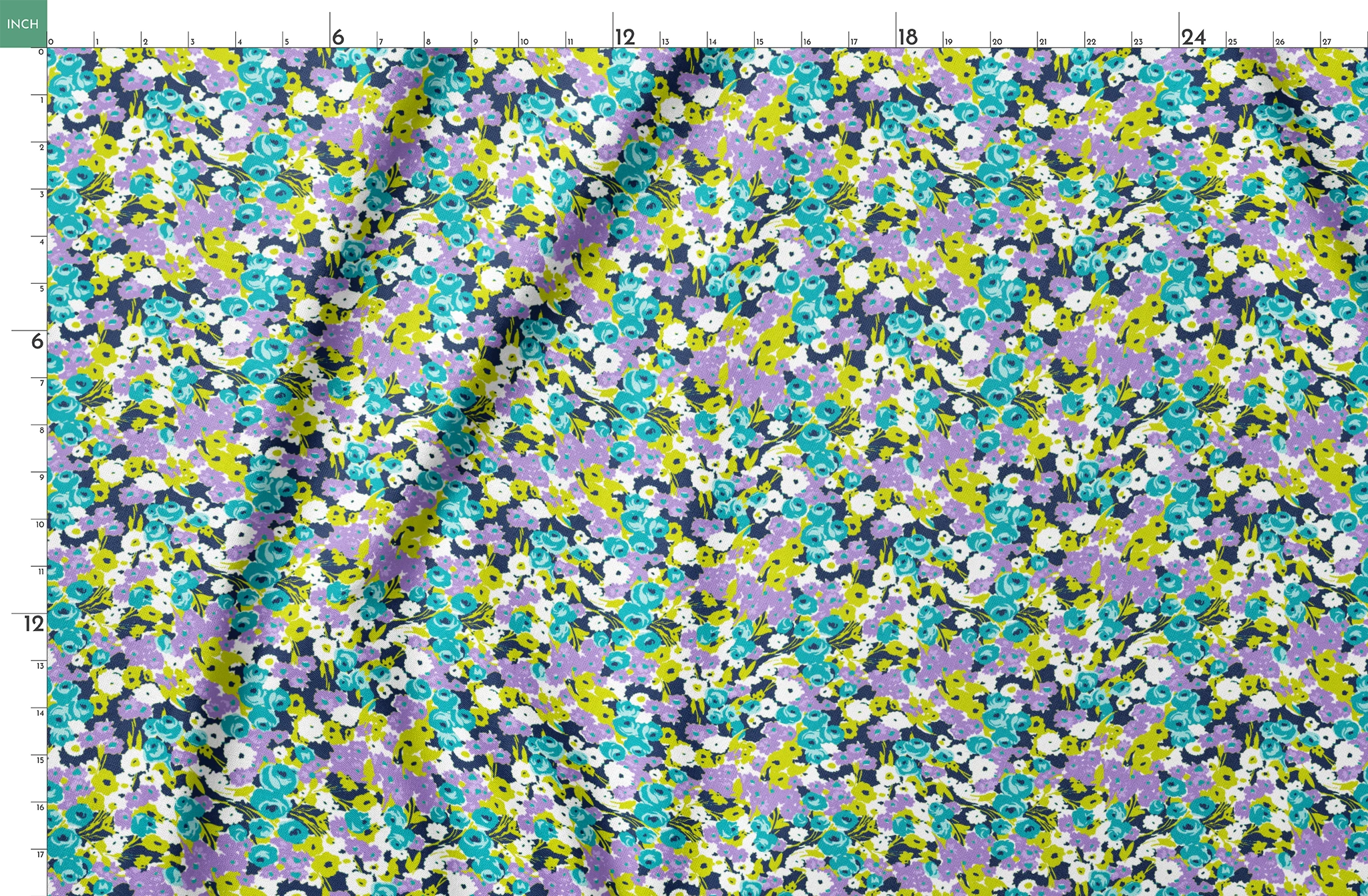Vibrant floral pattern with turquoise, purple, white, and chartreuse blooms on dark background springs fatquarter mockup