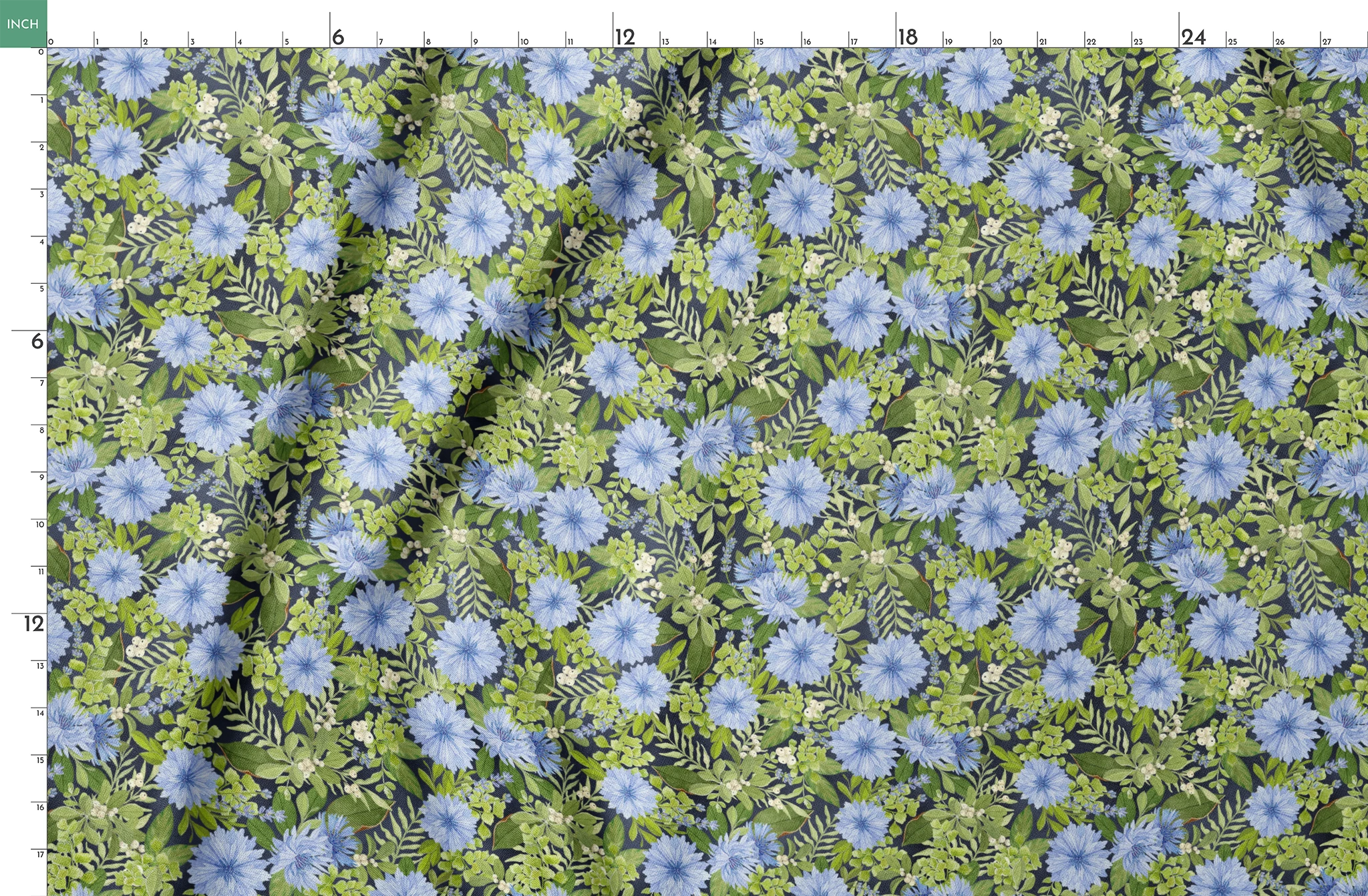 Beautiful floral pattern with light blue cornflowers and vibrant green leaves and foliage springs fatquarter mockup