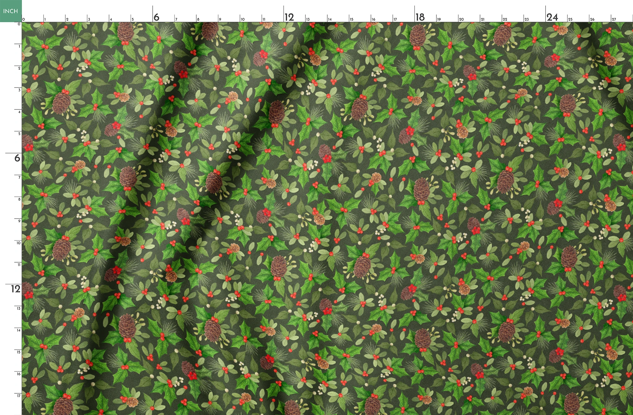 Seamless holiday pattern by Nicole Tamarin featuring pinecones, holly, red berries, and green foliage on a dark green background. springs fatquarter mockup