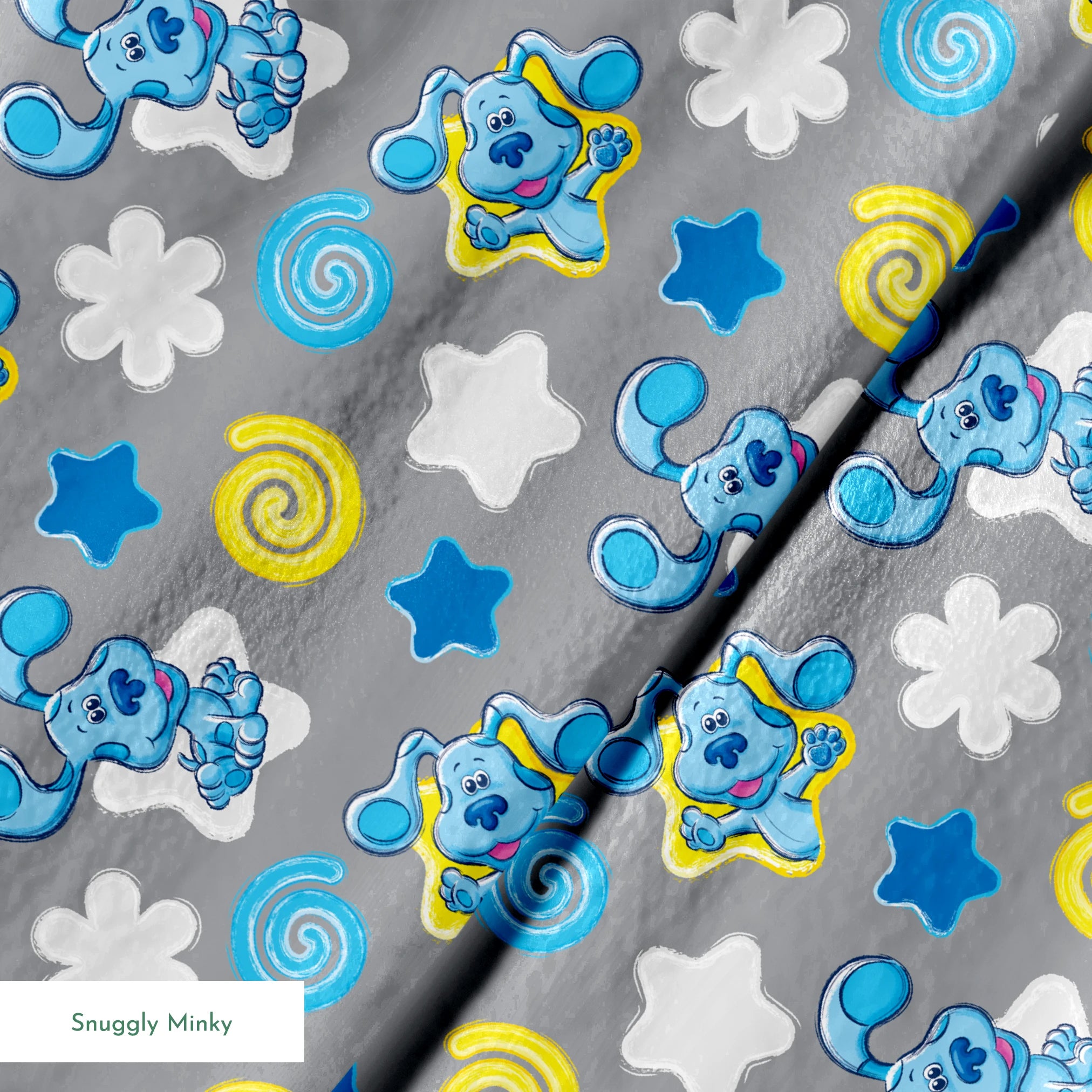 Blue cartoon elephants with stars, swirls, and clouds pattern on gray background springs minky texture