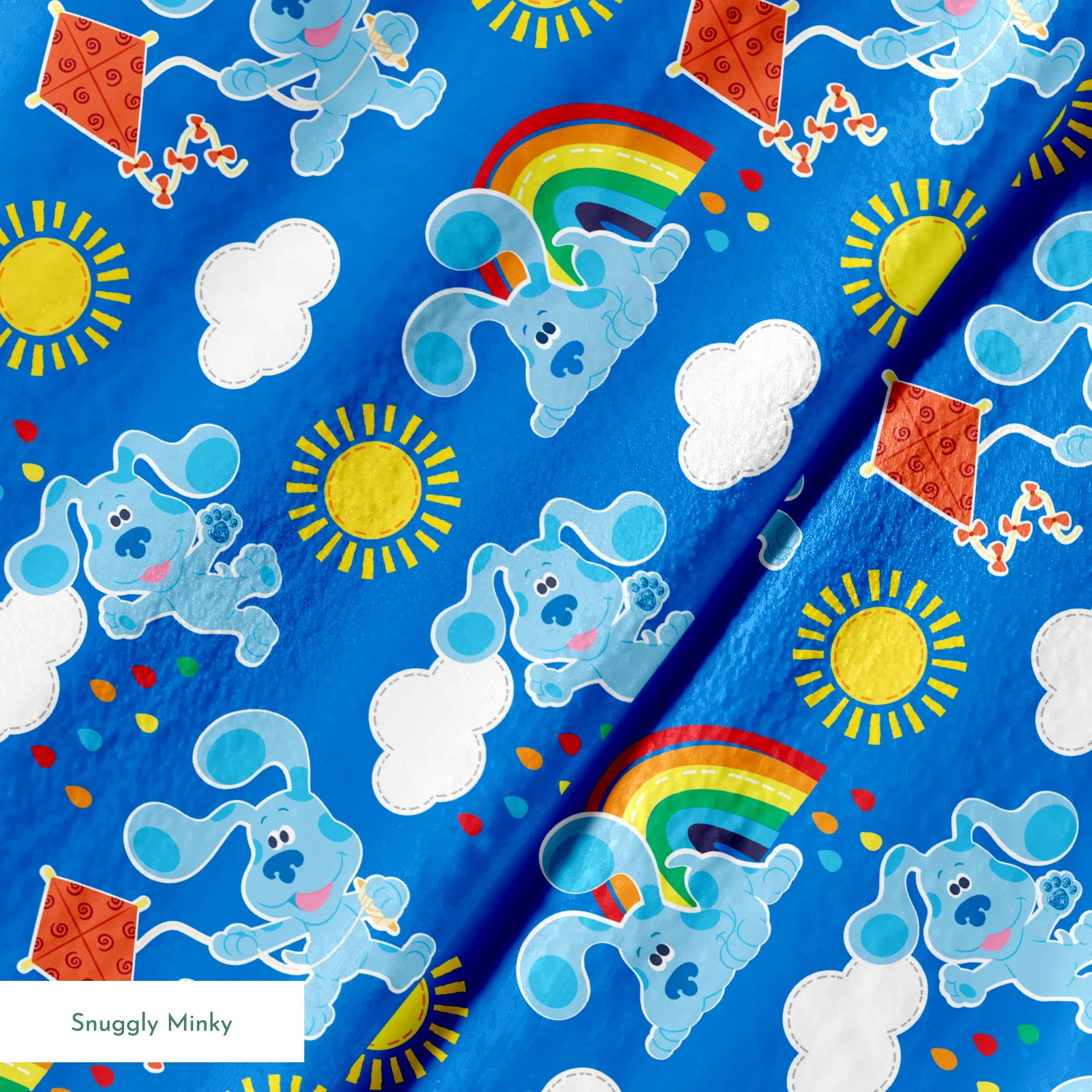 Blue's Clues pattern with cartoon blue dogs, rainbows, suns, clouds, and kites on bright blue background, license, Blues Clues, Entertainment License, Nickolodeon springs minky texture